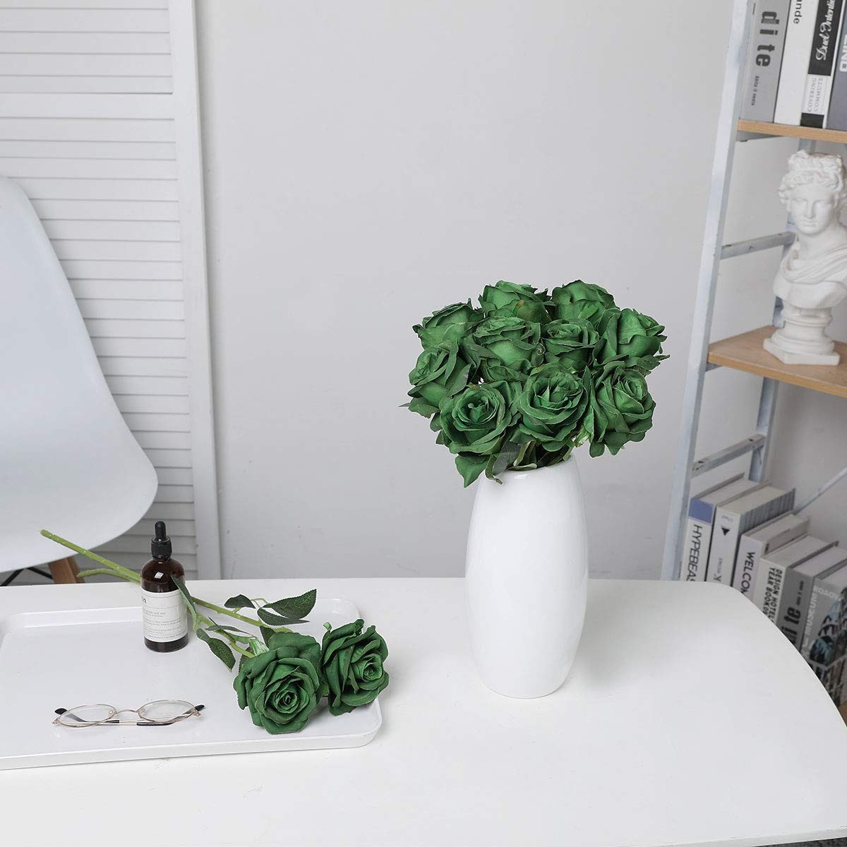 10 PCS Artificial Silk Rose Flower Bouquet Lifelike Fake Dark Green Decor