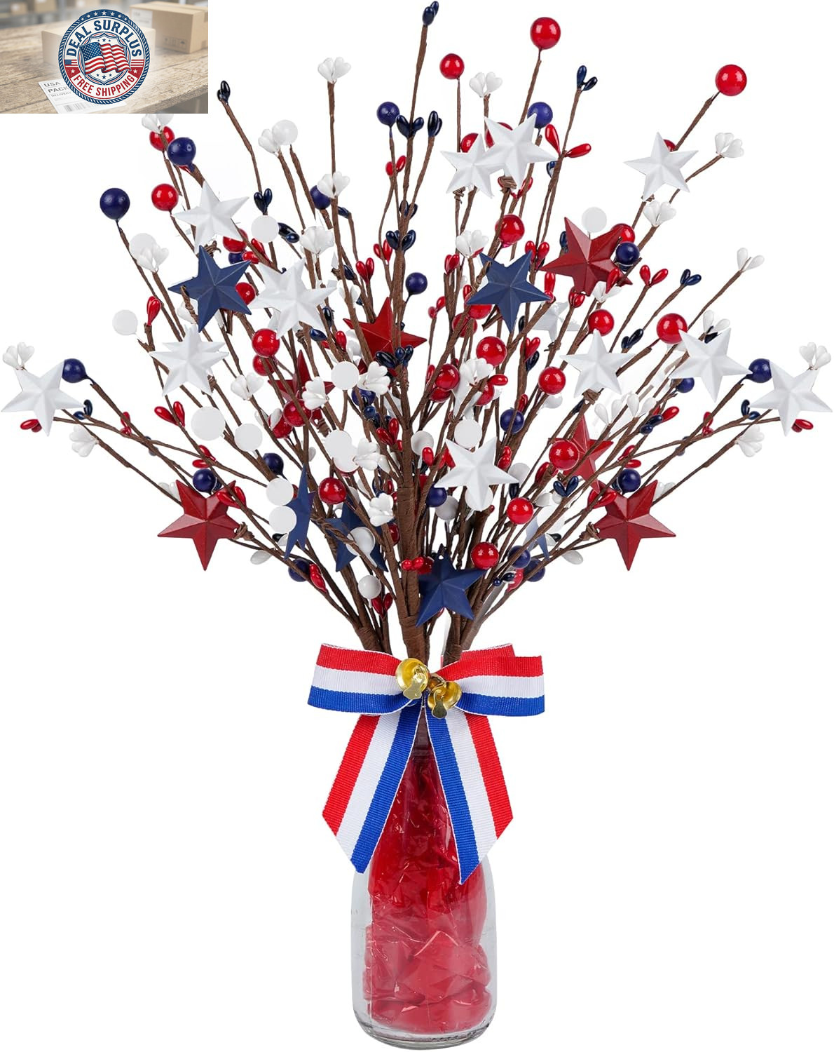4 Pack Patriotic Artificial Berry Stem Picks White Blue Red Stars for 4Th of Jul