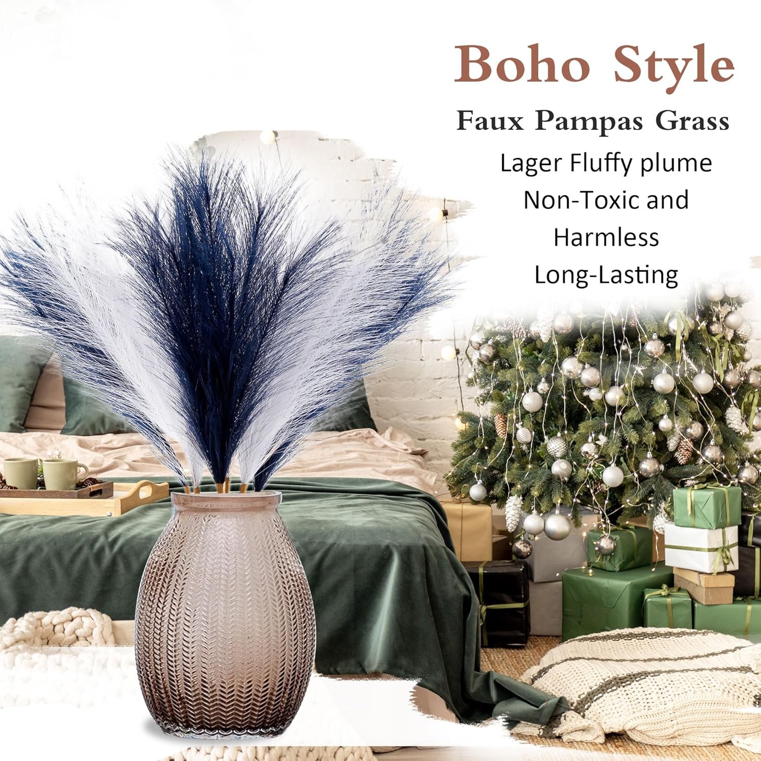 Faux Pampas Grass Large Fluffy 27.6Inch Tall, 6Pcs Navy Blue and White