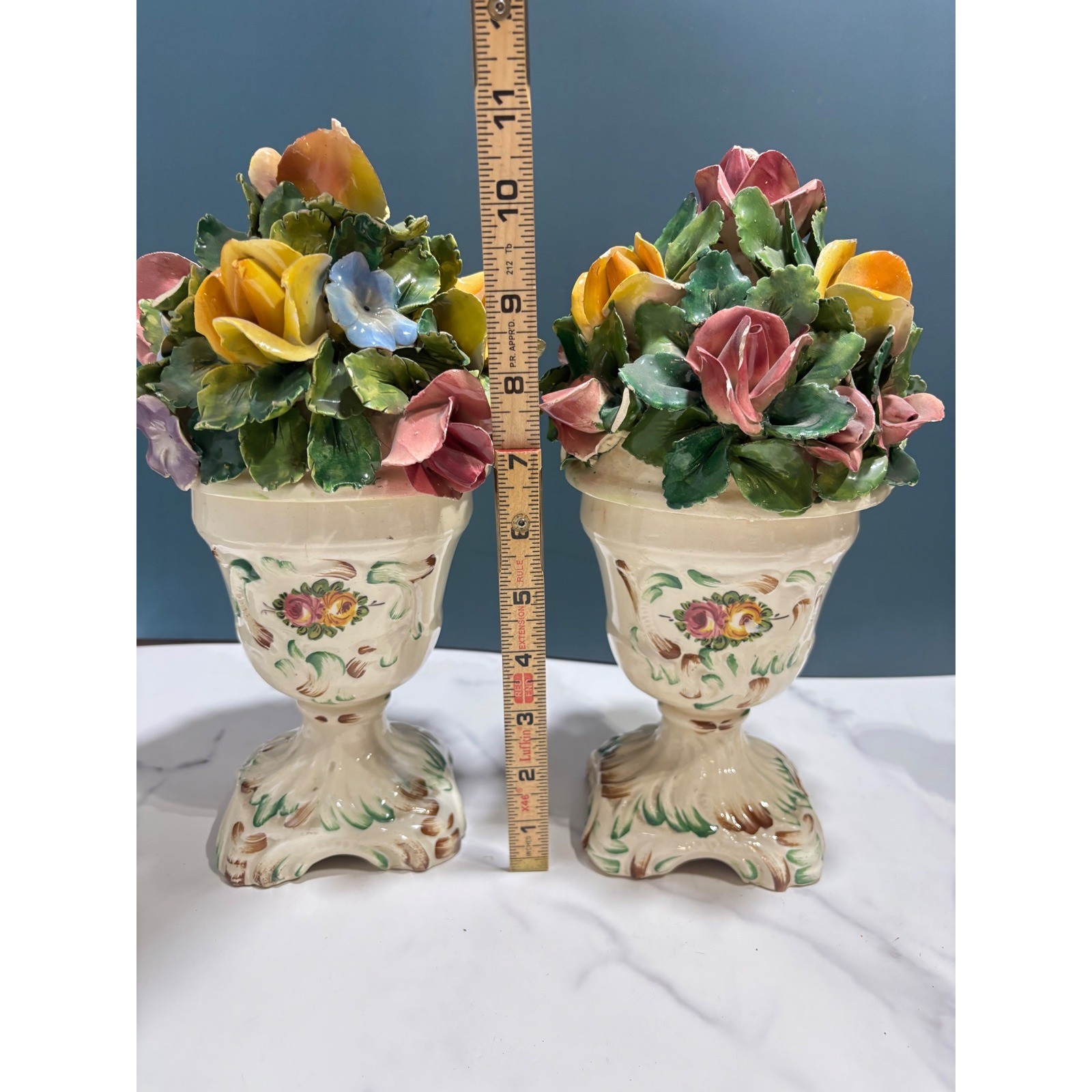 Vintage Capodimonte Italy Porcelain Lidded Urns Floral Bouquet Roses Set of 2