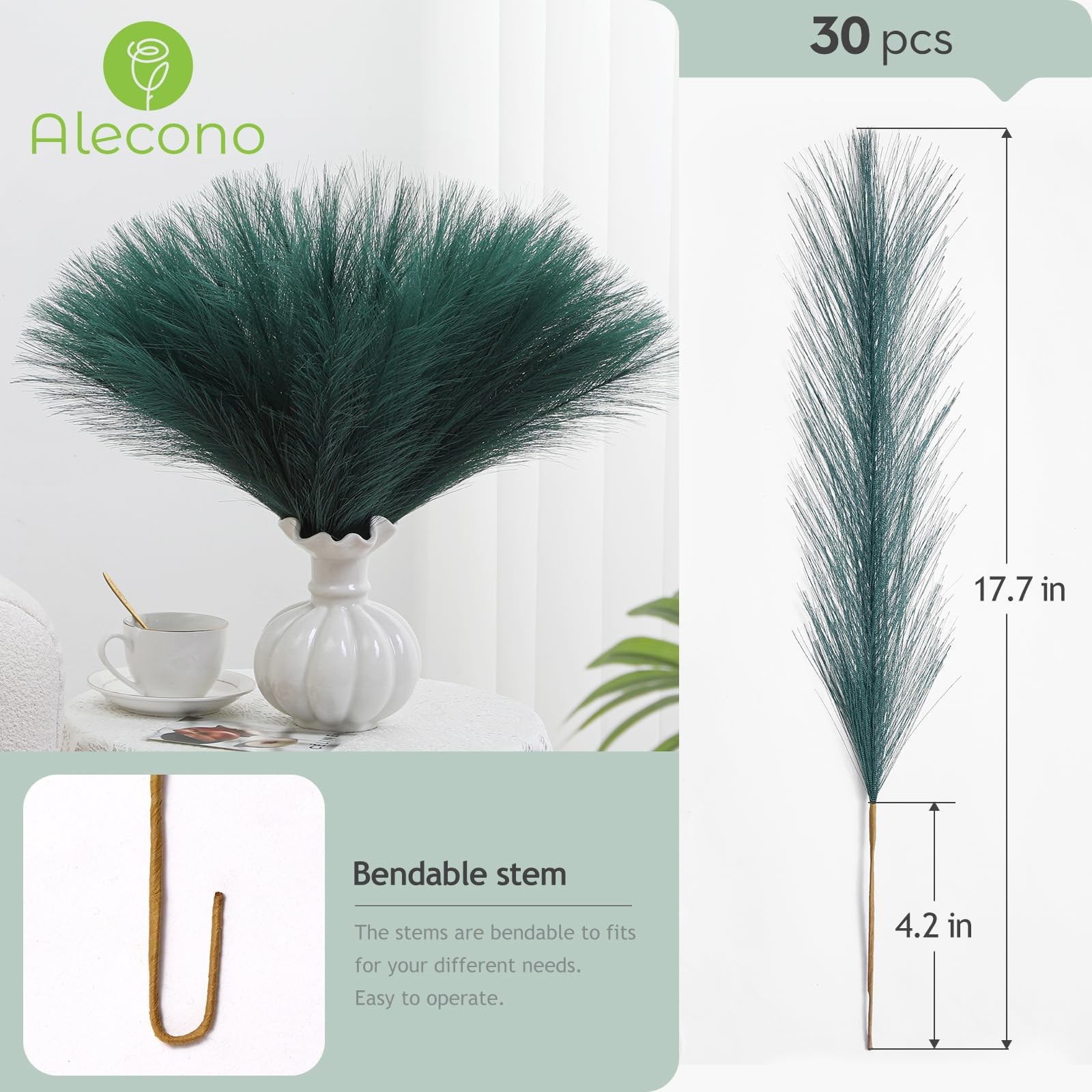 17 inch Green Faux Pampas Grass Decor, Tall Artificial Stems for Floor Vase