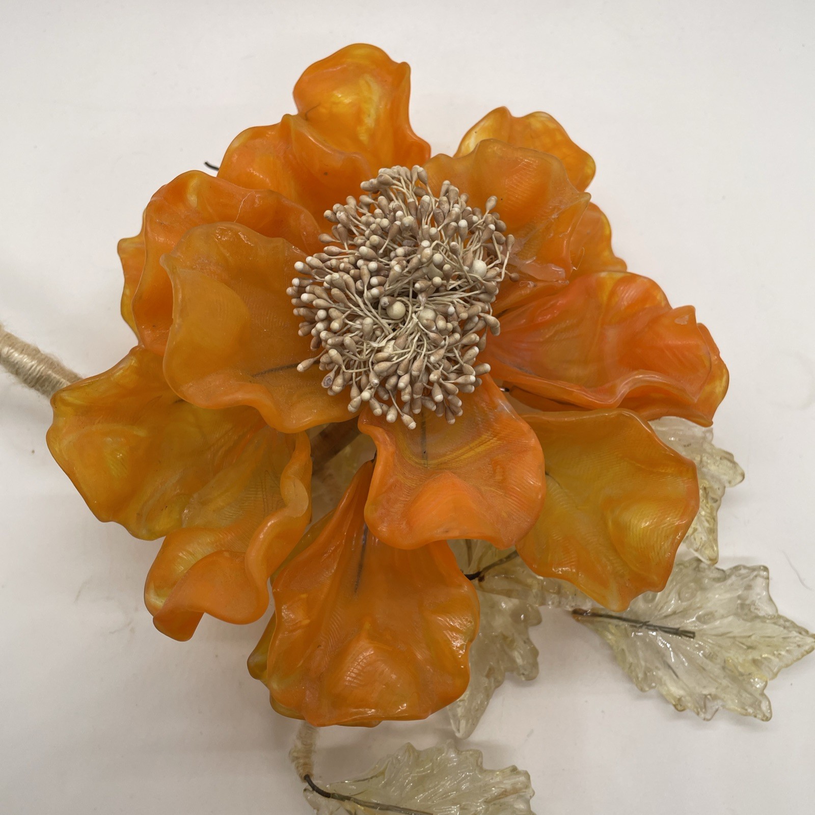 Vintage Art Glass Orange Peony 8×9” Some Damage