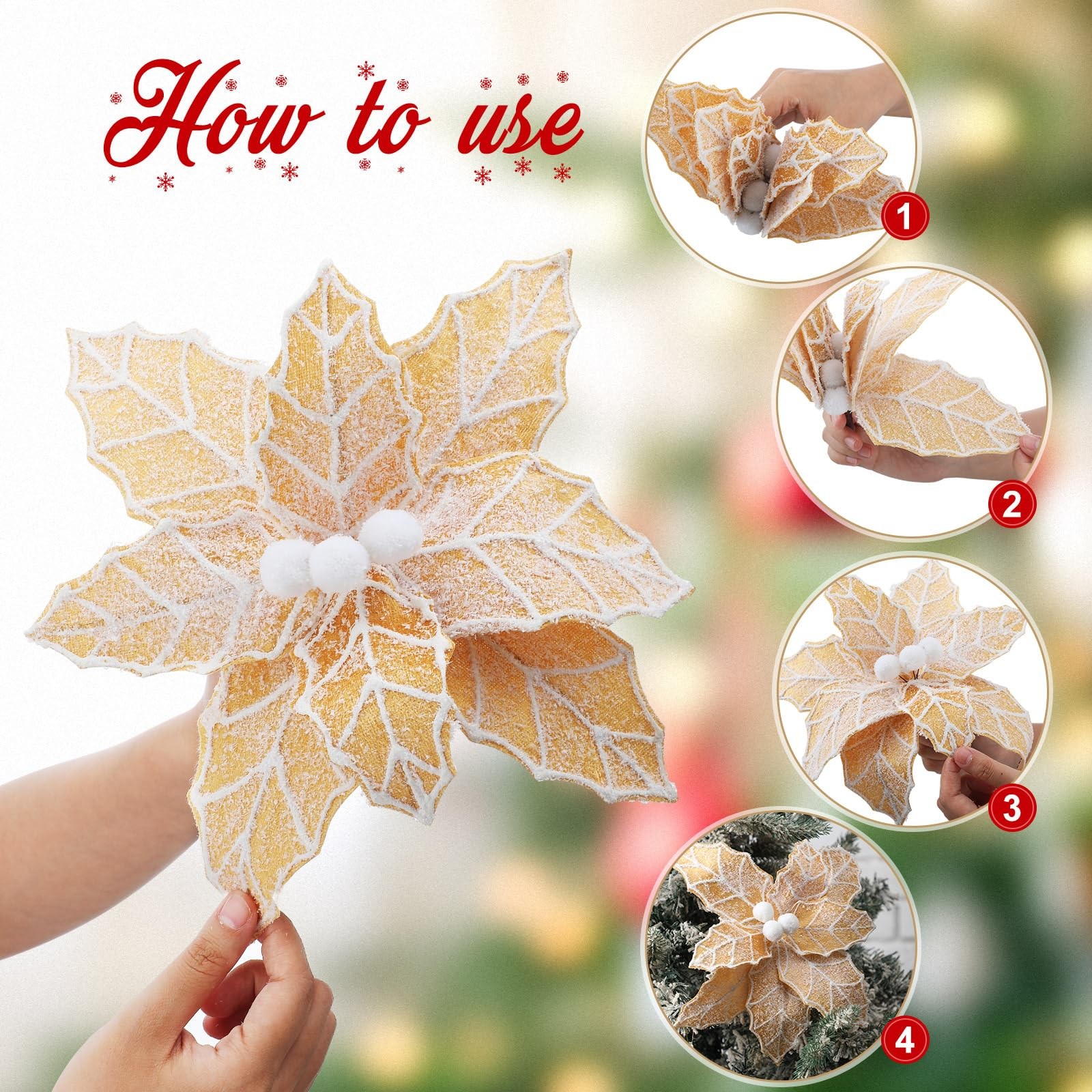 6 PCS 10.6 Inch Large Christmas Gingerbread Poinsettia Flowers Tree Picks Gold