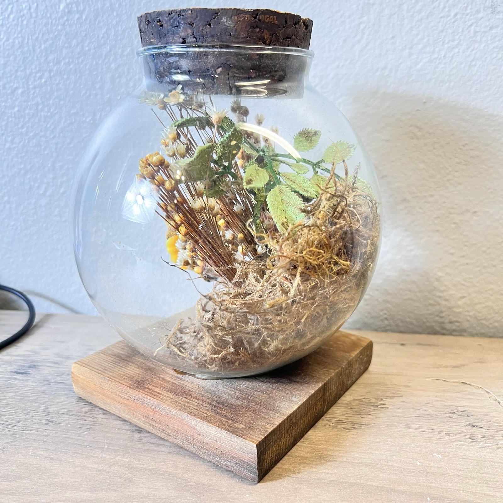Vtg Leonard Creations Glass Terrarium Dome Dried Flowers Wood Base California