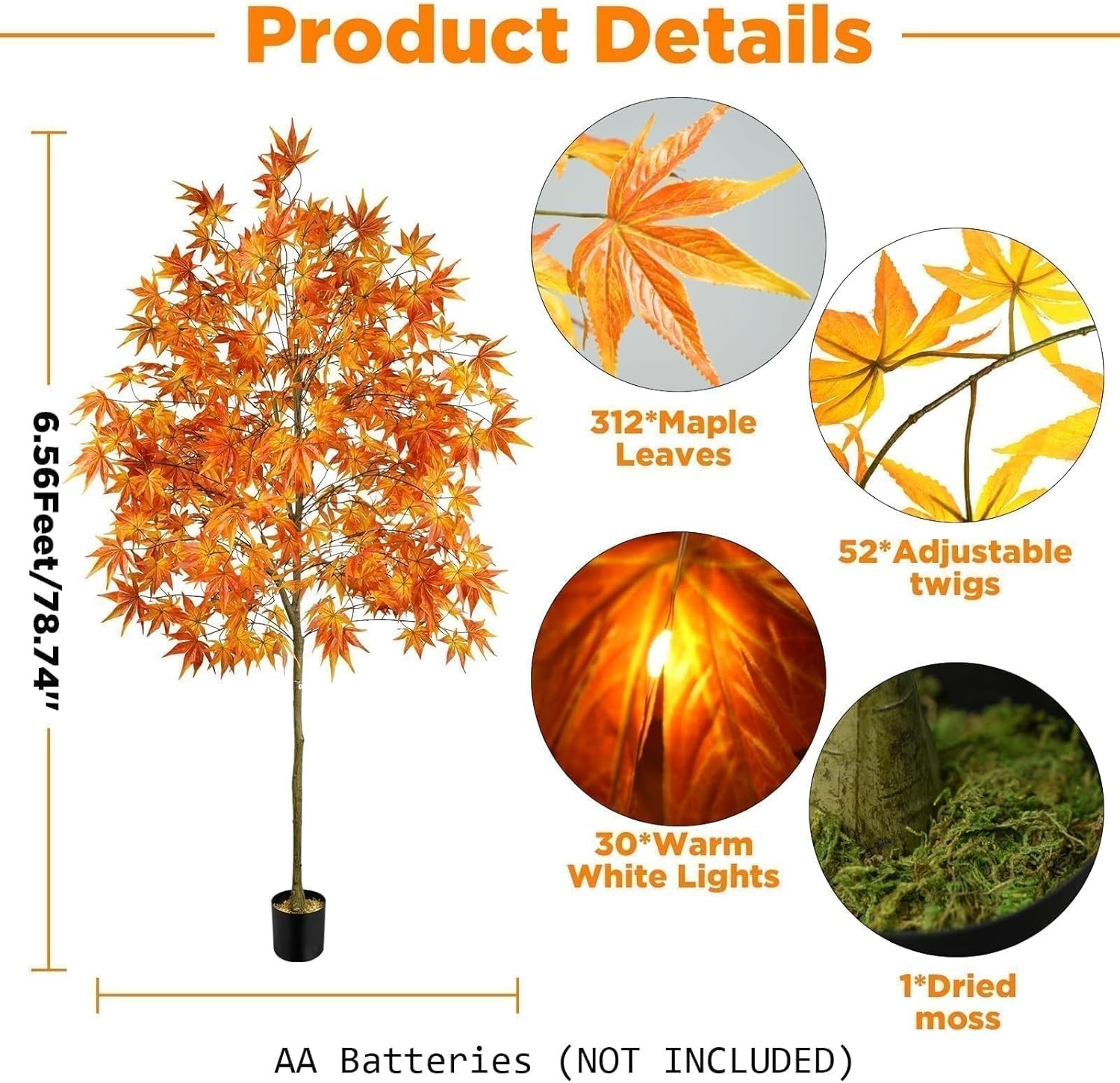 6.5FT Lighted Artificial Maple Tree – Fall Decor with LED Warm White Lights