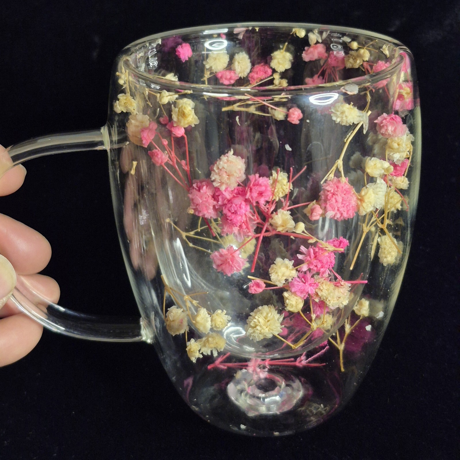 Dried Flower Glass Mug – Double Wall Clear Coffee Tea Cup – Botanical Floral