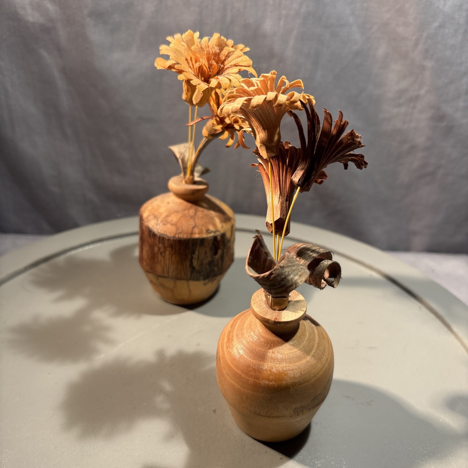 Set Of 2 ~ Wood Shaving Artificial Flowers in wood vase 6″ H Brown Orange Beige
