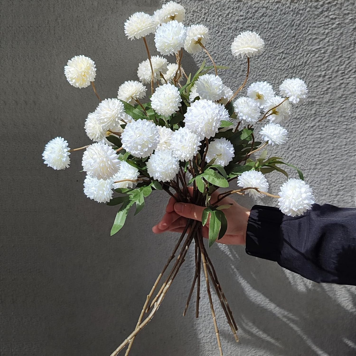 8 Pcs Artificial Flowers White Beige Faux Silk Pompon Mums, 20″ Long Stem Fake