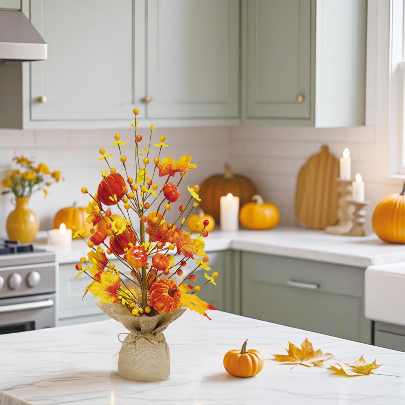 2 PCS Fall Decorations 18 Inch Tree Fake Pumpkin Berry Maple Leaves