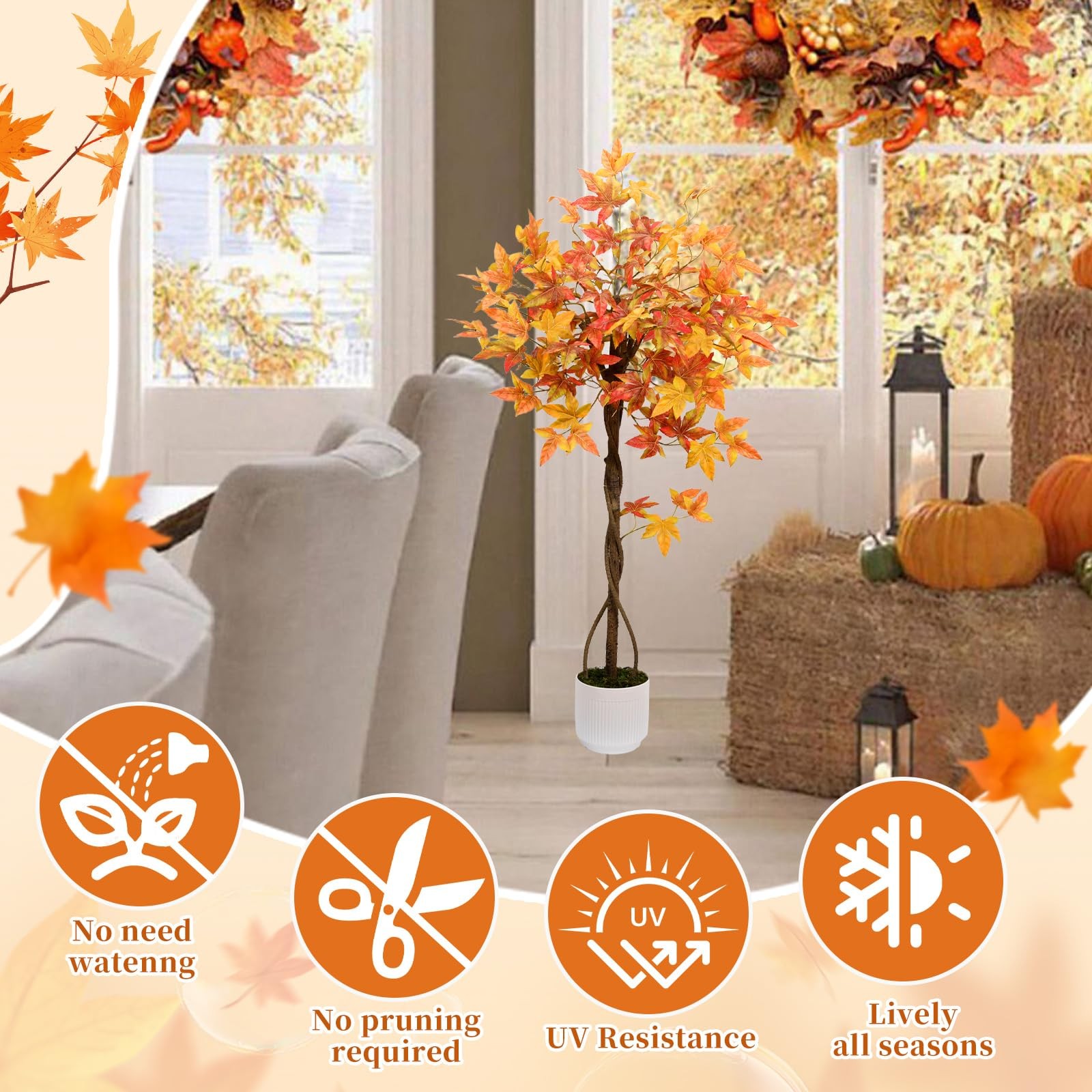 Artificial Maple Tree, 4FT Orange Potted Fake Plants Autumn Decoration Fall T…