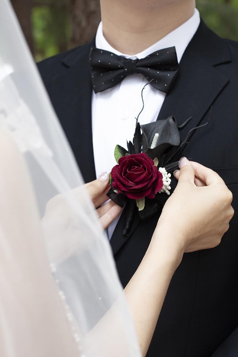 Black Burgundy Calla Lily Corsage and Boutonniere Set for Weddings and Proms