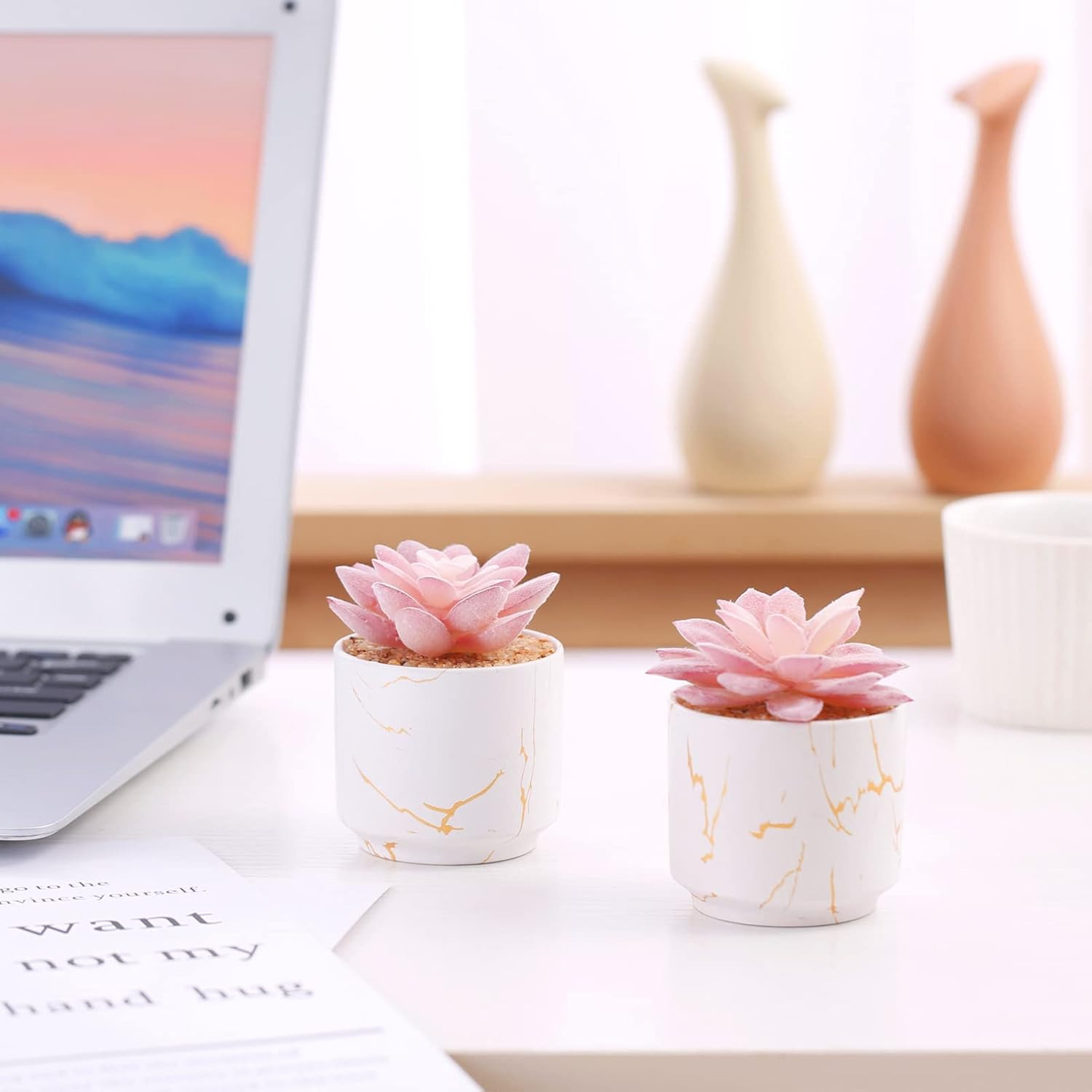 Artificial Plants and Succulents in 2 White Ceramic Pots,Small Fake Plants for O