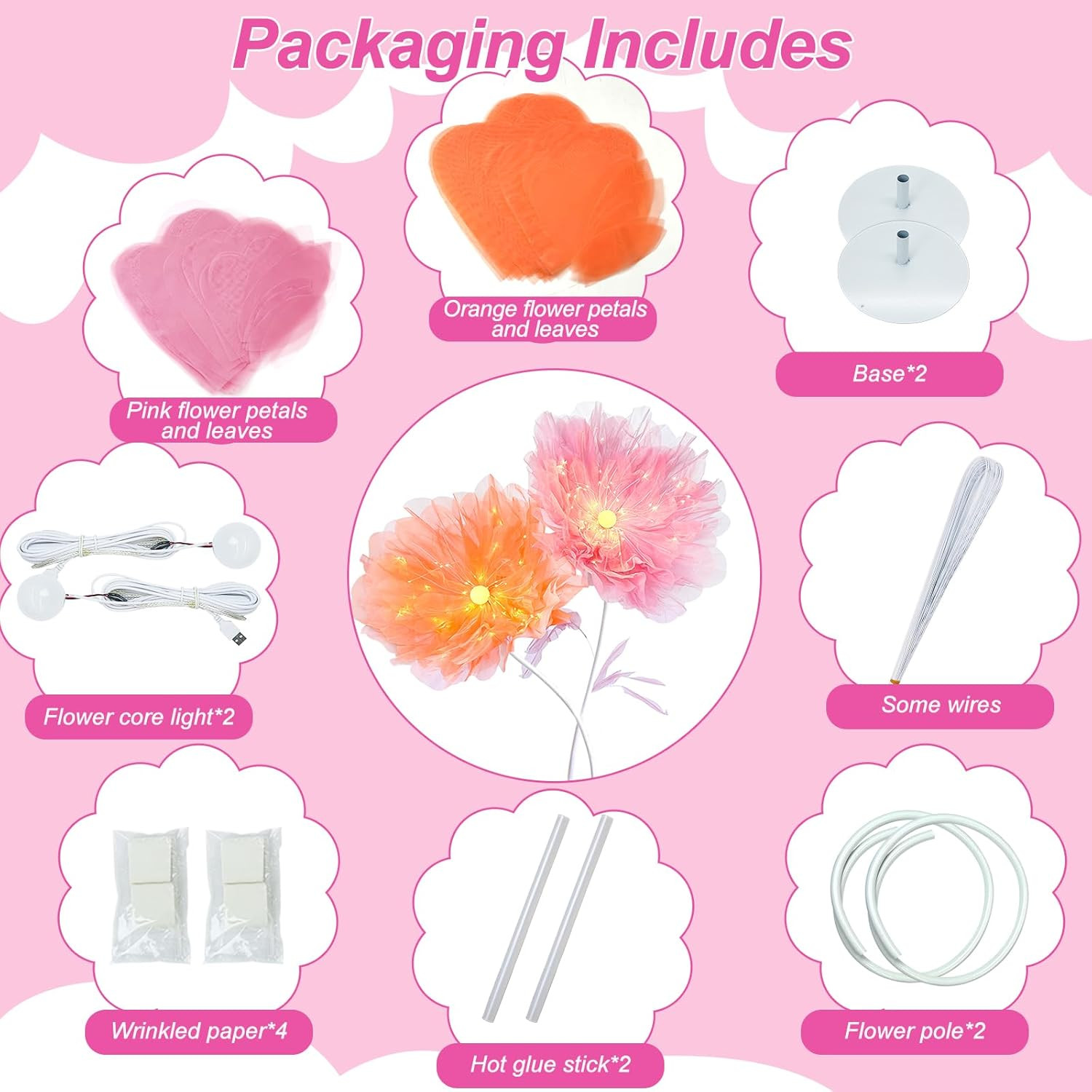 DIY Giant Peony Flower Kit with Glowing Core for Wedding & Home Decor