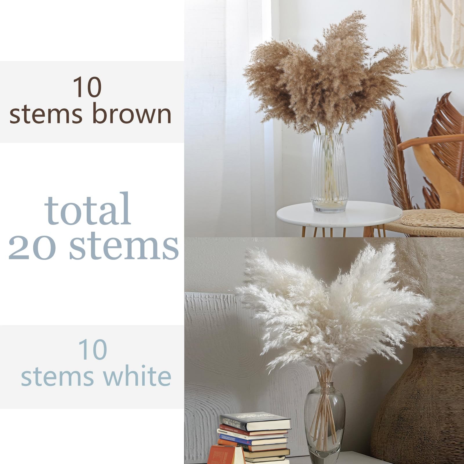 28″ inch 20 Stems Large Pampas 20pcs 10brown & 10white, 10 Brown & 10 White