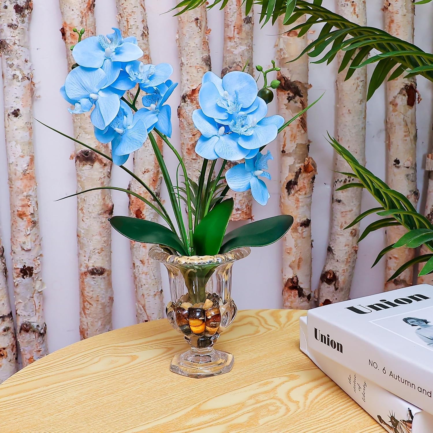 Elegant Artificial Blue Orchid in Weighted Glass Vase – 14.5 Inch Centerpiece