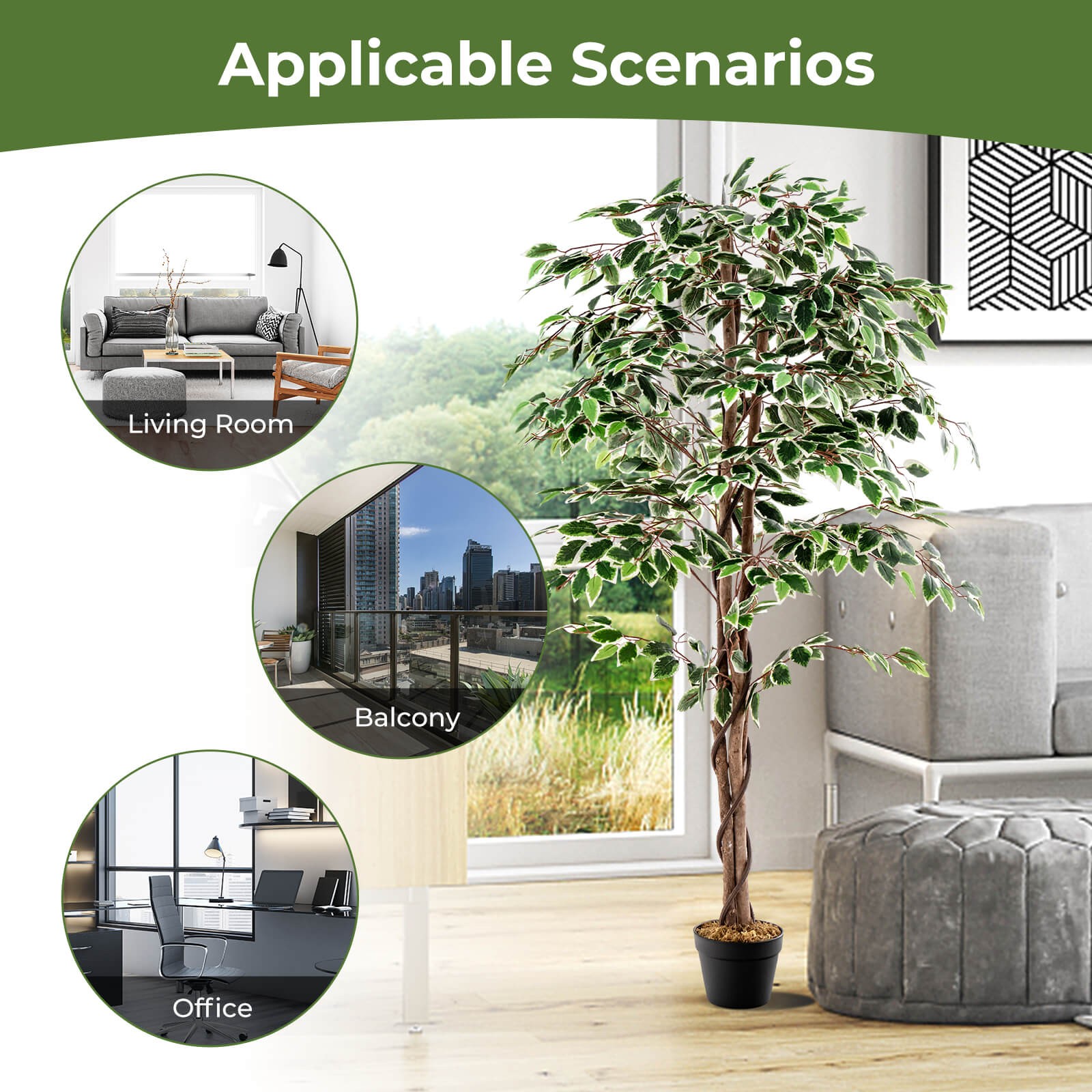 63″ Tall Artificial Ficus Tree Solid Wood Trunks 3 PE Vines PP Nursery Pot
