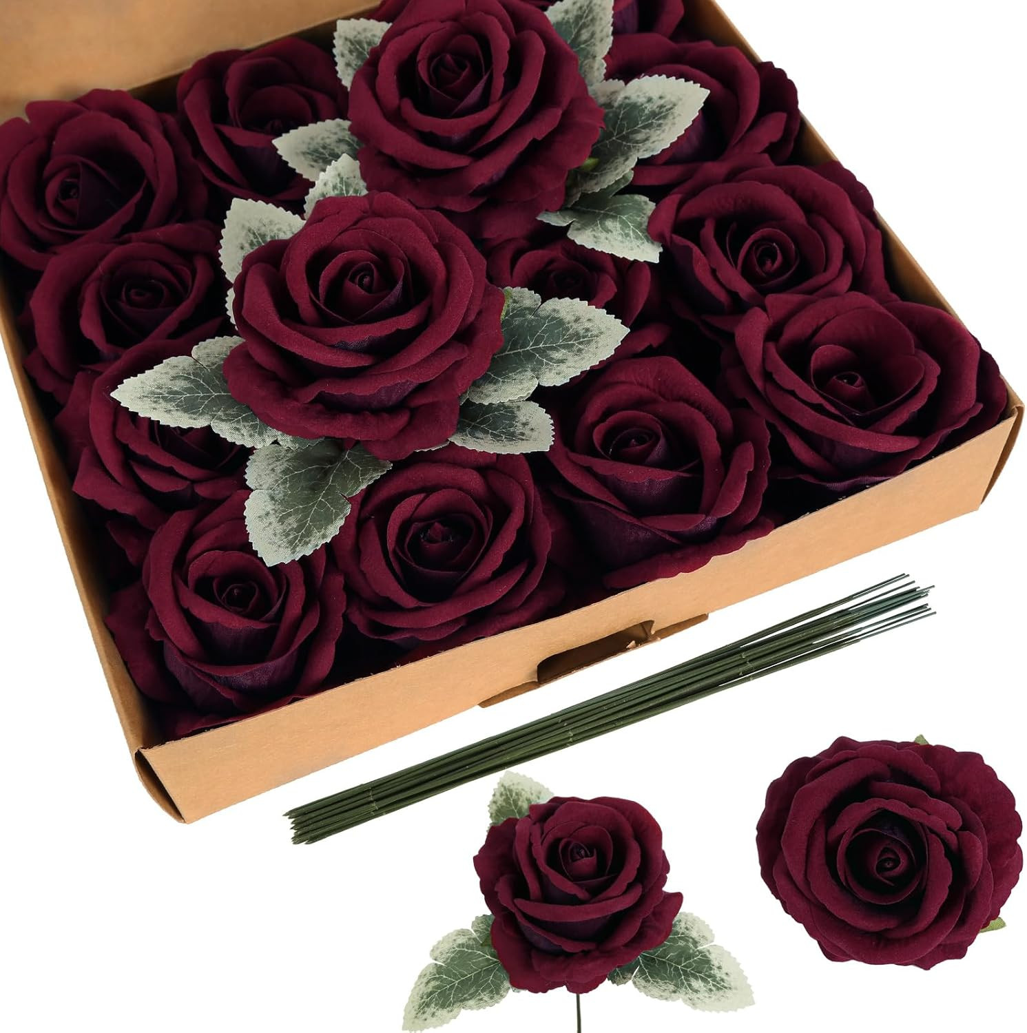 16pcs Burgundy Rose Artificial Flowers 3.93″ Large Fake Velvet Rose Bulk Real To
