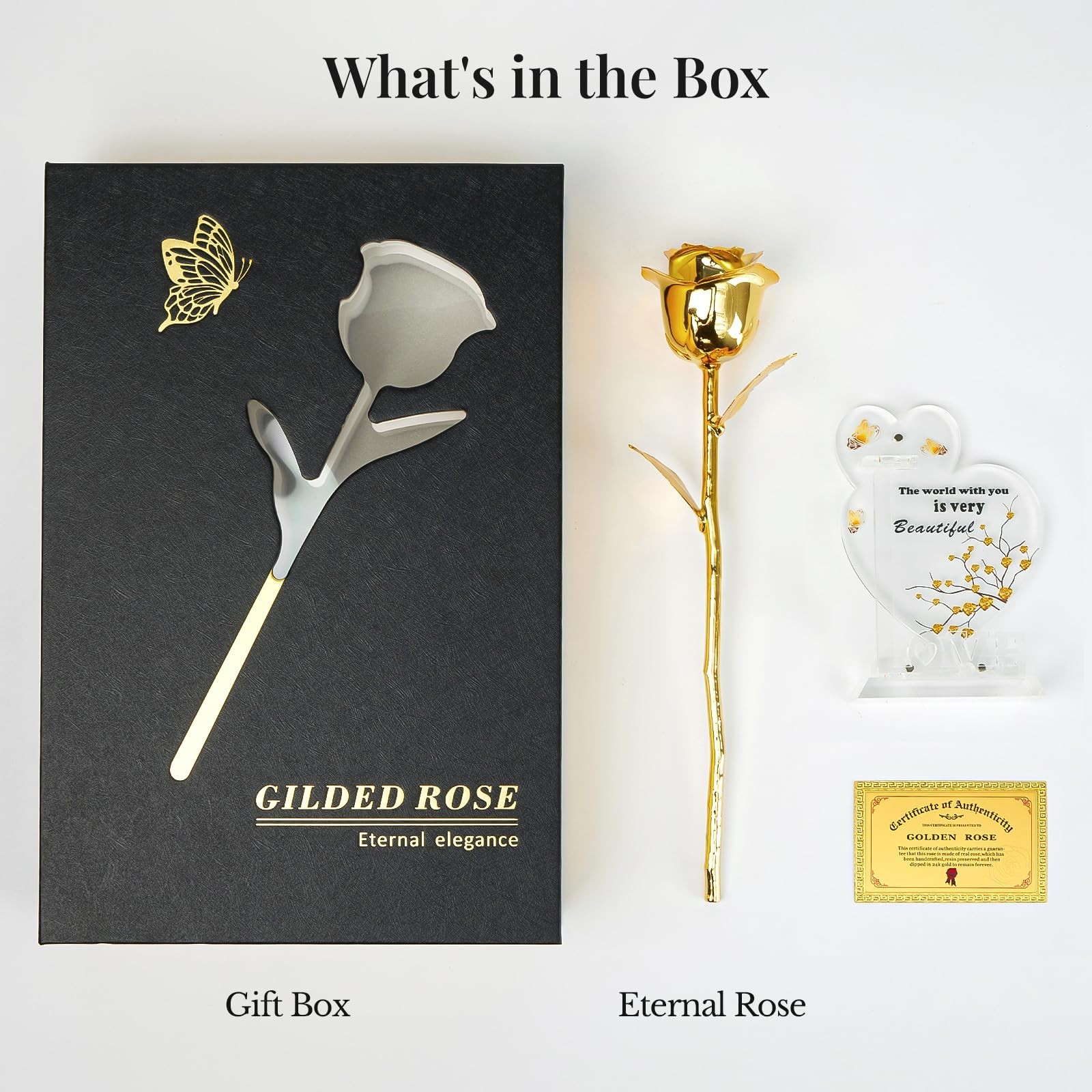 Eternal 24K Gold Dipped Rose Gift Set with Acrylic Butterfly Base & Luxury Box –