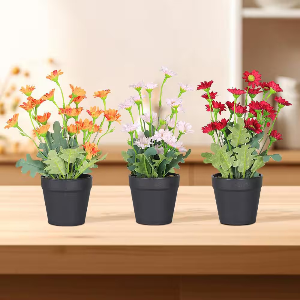 3-Pack 9 In. Colorful Indoor Artificial Wildflowers Daisies in Black Pot