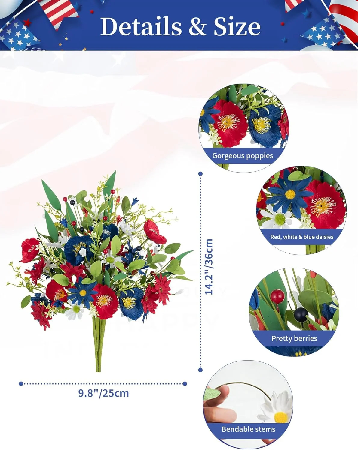 BLOSMON Red White and Blue Flowers: 4 Bundles Fake Flowers 4th of July Patriotic