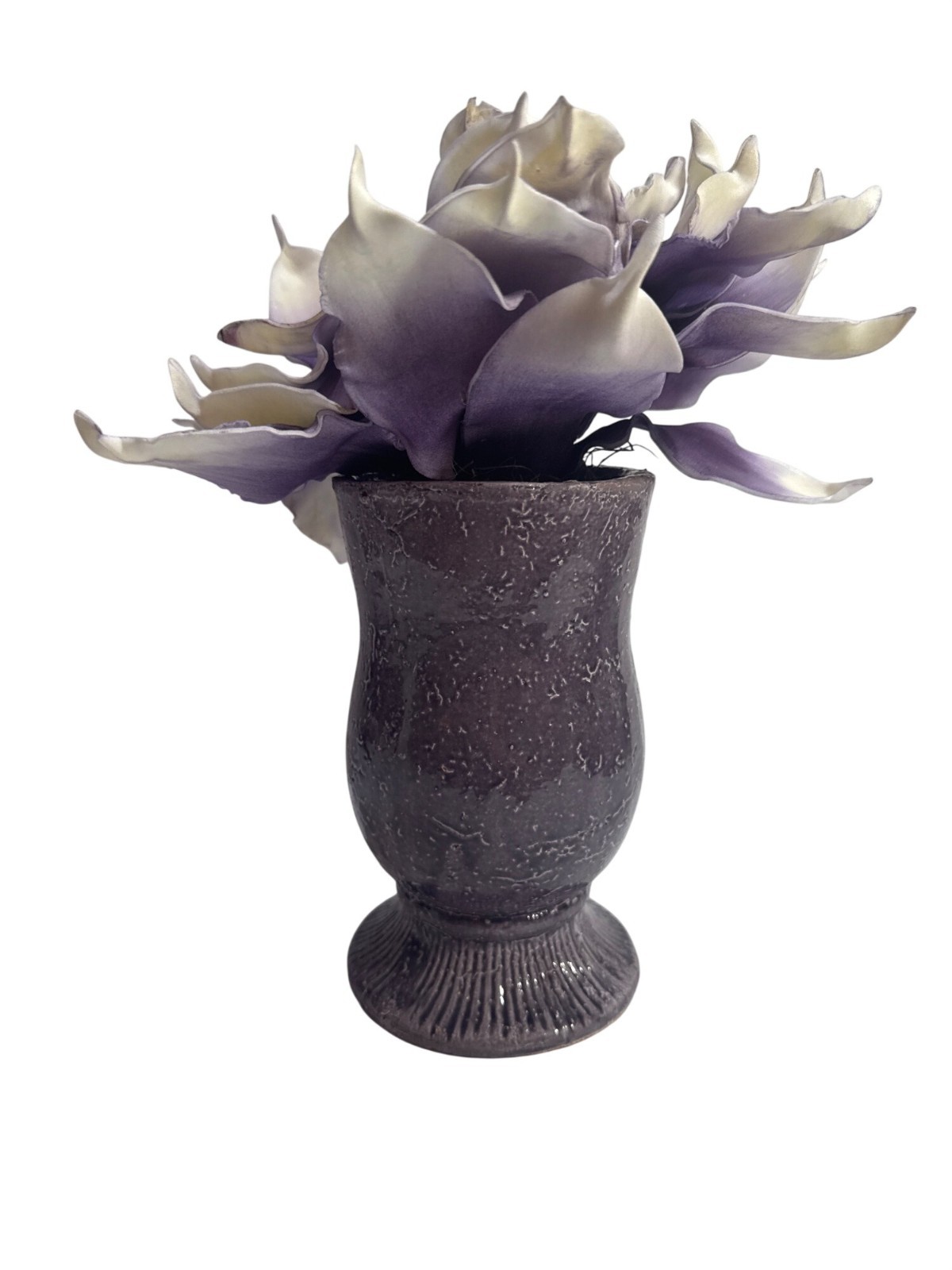 Purple White Artificial Calla Lily Petals In Textured Ceramic Vase Centerpiece D