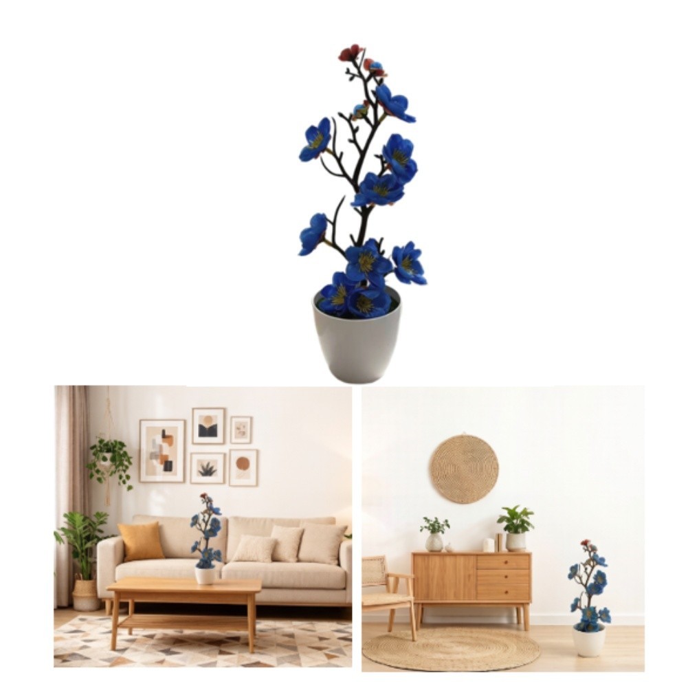 Plastic Artificial Bonsai with Mixed Color Plum Blossoms for Desk Centerpiece