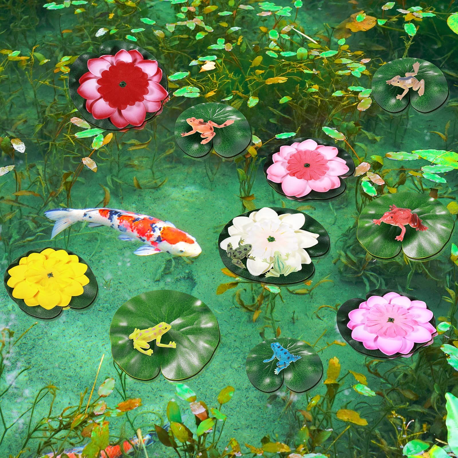 22 Pcs Water Lily Pad Artificial Floating Lotus Flower with Plastic Frog Figu…