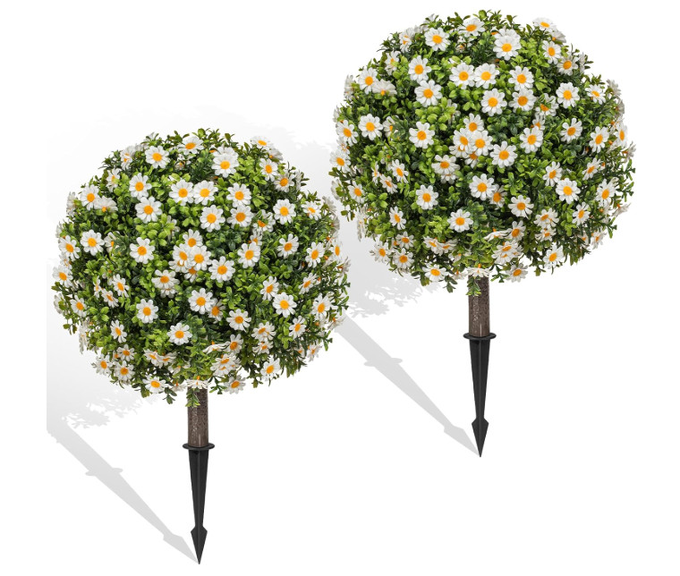 Fall Artificial Topiary Ball with Spike Set of 2, Faux Boxwoods White