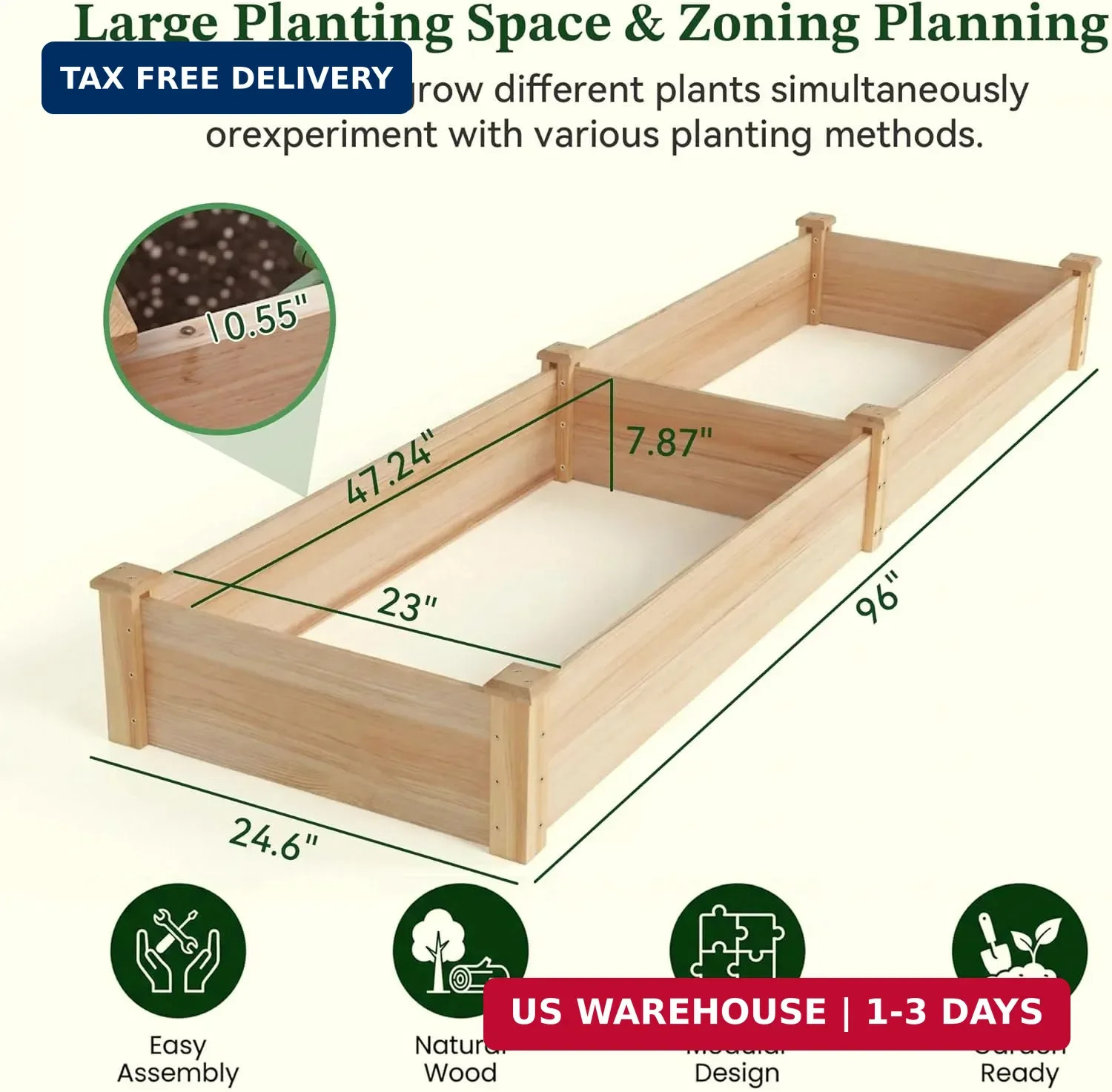 8×2ft Wooden Horticulture Raised Garden Bed Divisible Elevated Planting Planter