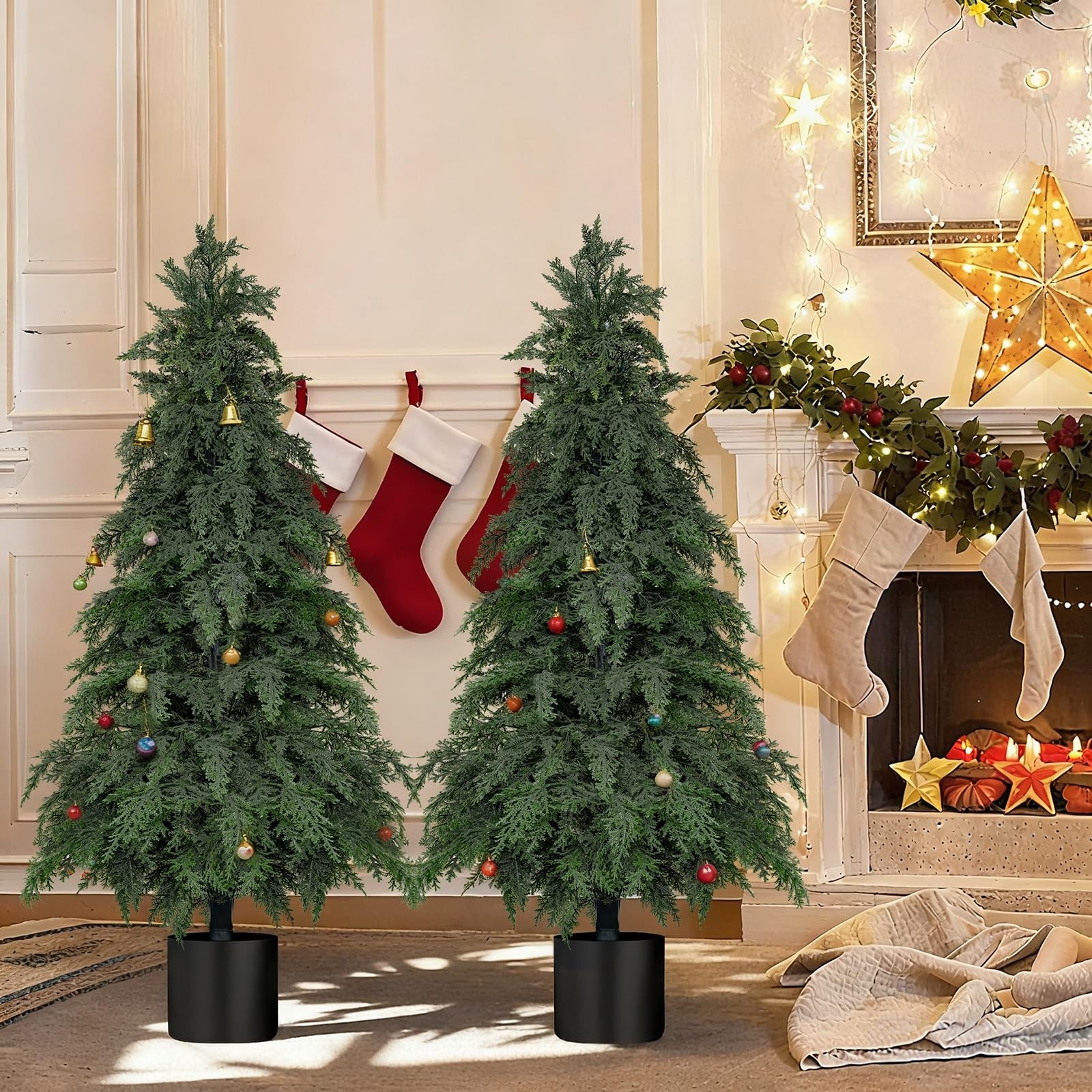 4FT Artificial Topiary Tree with Pot, 2 Pack Fake Evergreen Tree for Porch, A…