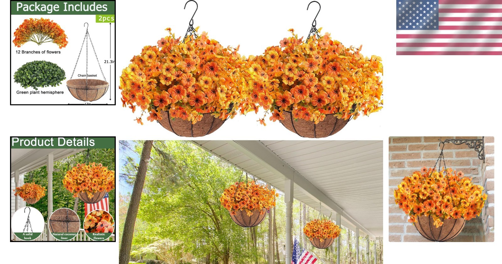 2pcs UV Resistant Artificial Fall Mums Hanging Basket for Vibrant Outdoor Decor