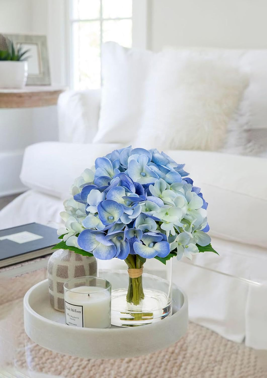Real Touch Blue Hydrangea Artificial Flowers in Glass Vase for Home Decor