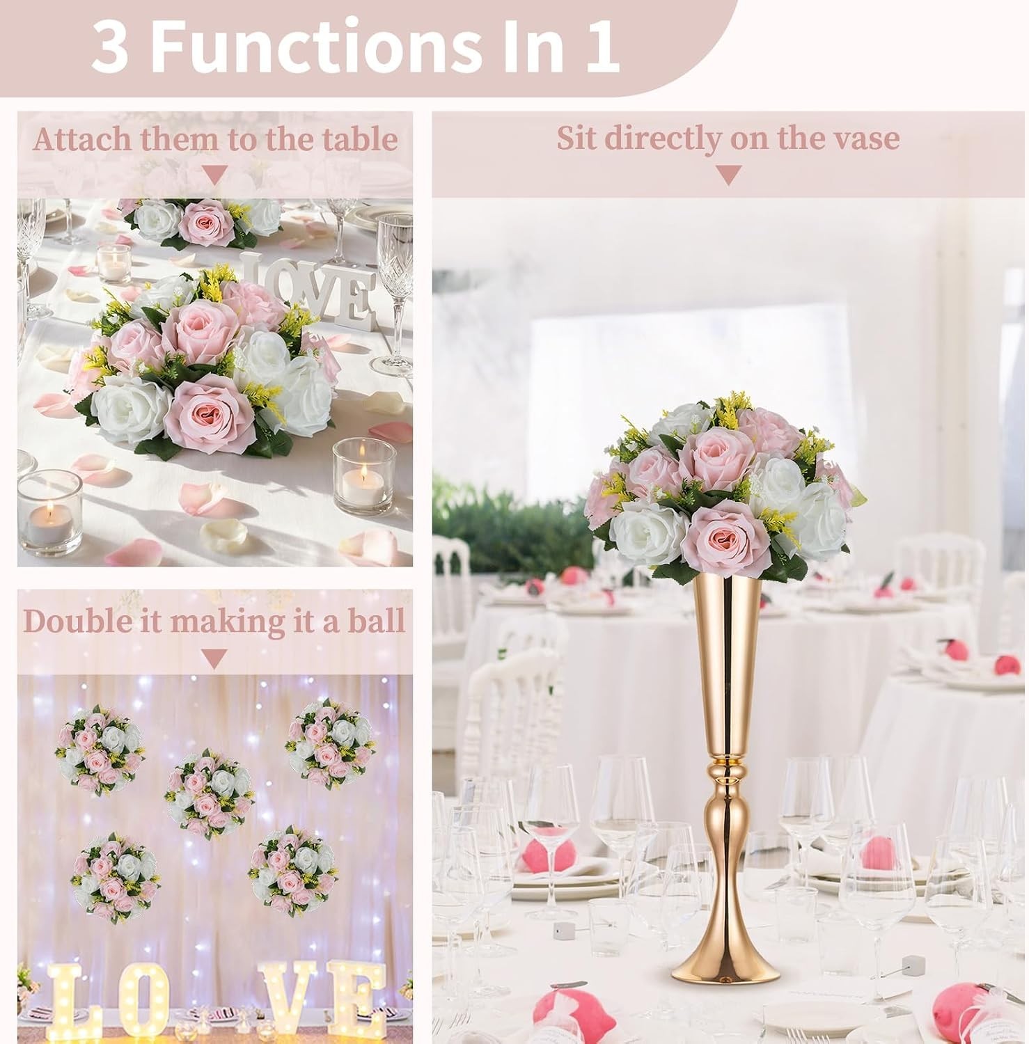 Silk Rose Flower Balls – 10 Pcs 9.5″ Pink White Centerpieces, Ready-to-Use Decor
