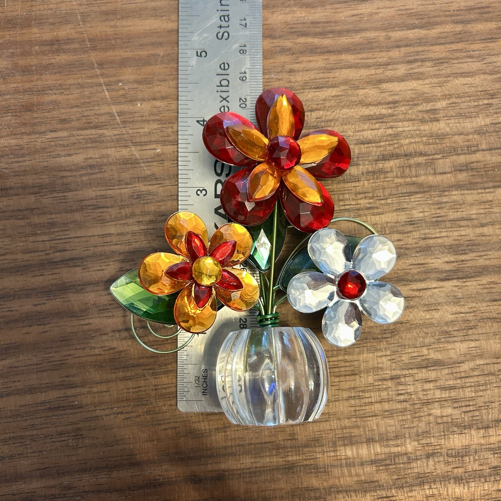 Bouquet Jeweled Gems Flowers Acrylic Plastic Metal 4.25″ Orange Red Green White