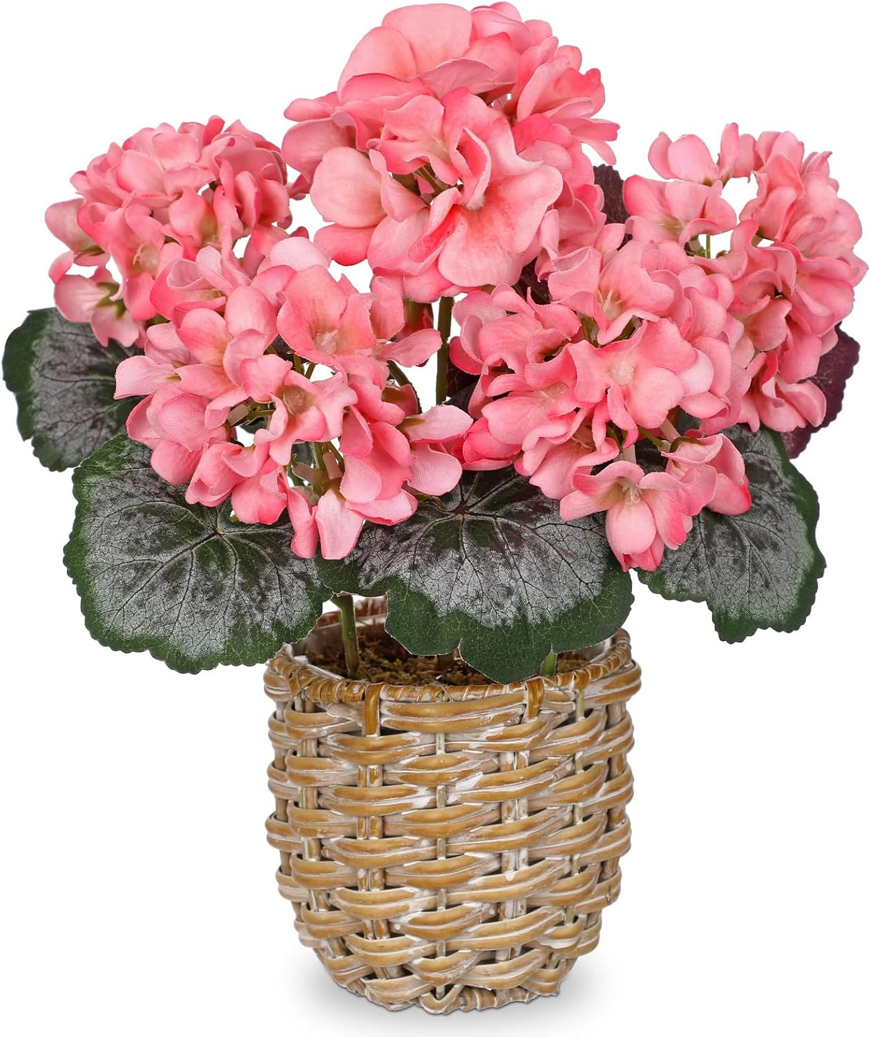 Artificial Pink Geranium Flowers in Woven Basket, 11’’ Tall Silk Flower Arrangem