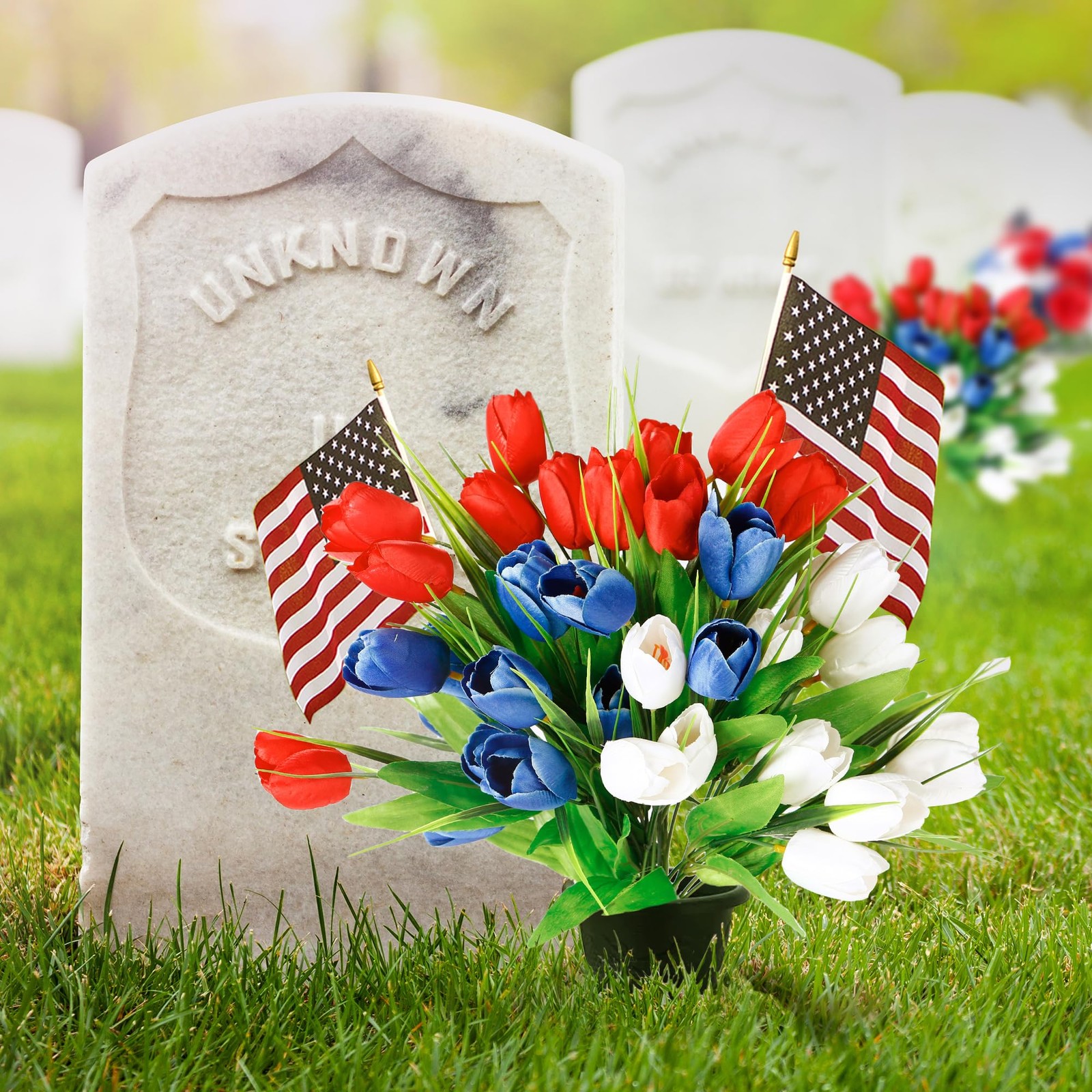 36 Pcs Patriotic Artificial Flowers Memorial Tulips Bouquet Fake Red White an…