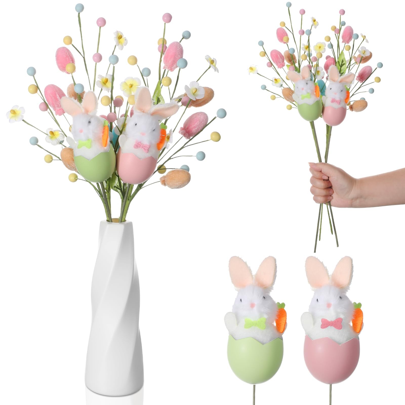4 Pcs Easter Centerpieces for Tables Artificial Flower Spray with Velvet Eggs…