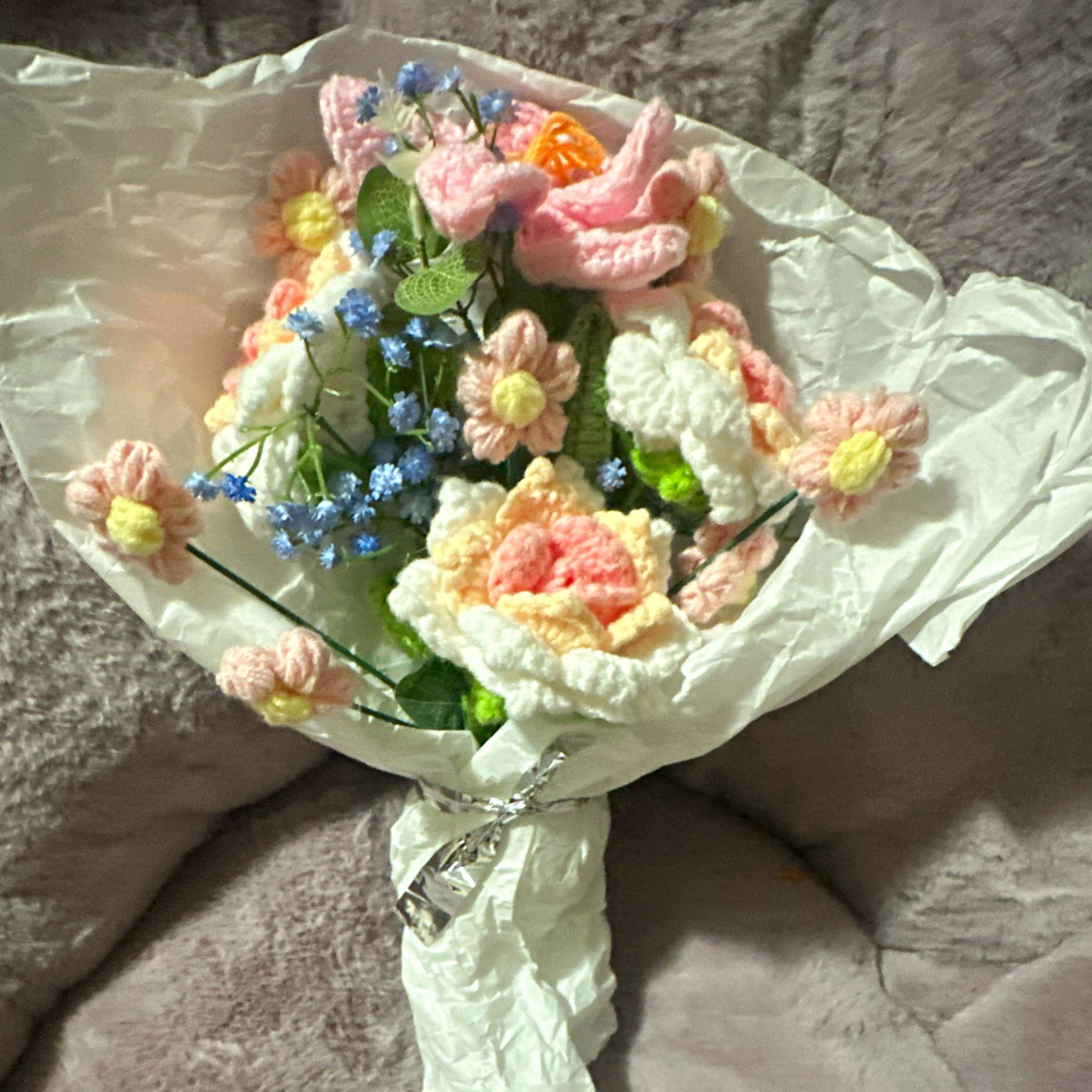 Handmade Crochet Yarn Artificial Mixed Flower Bouquet Pink White Blue Green
