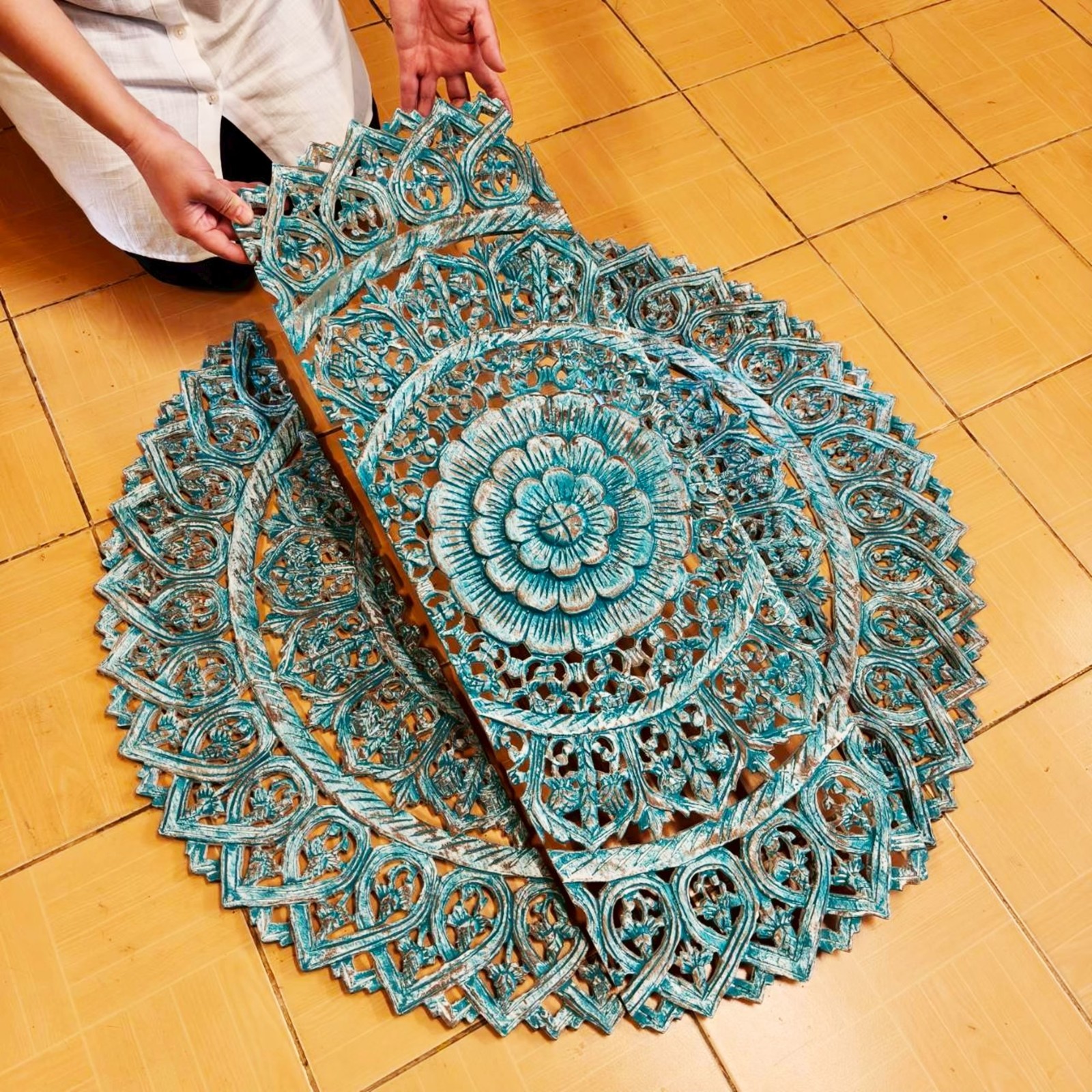 36″ Turquoise Wood Mandala Wall Art Teal White Wash Carved 3-Piece Bohemian #G