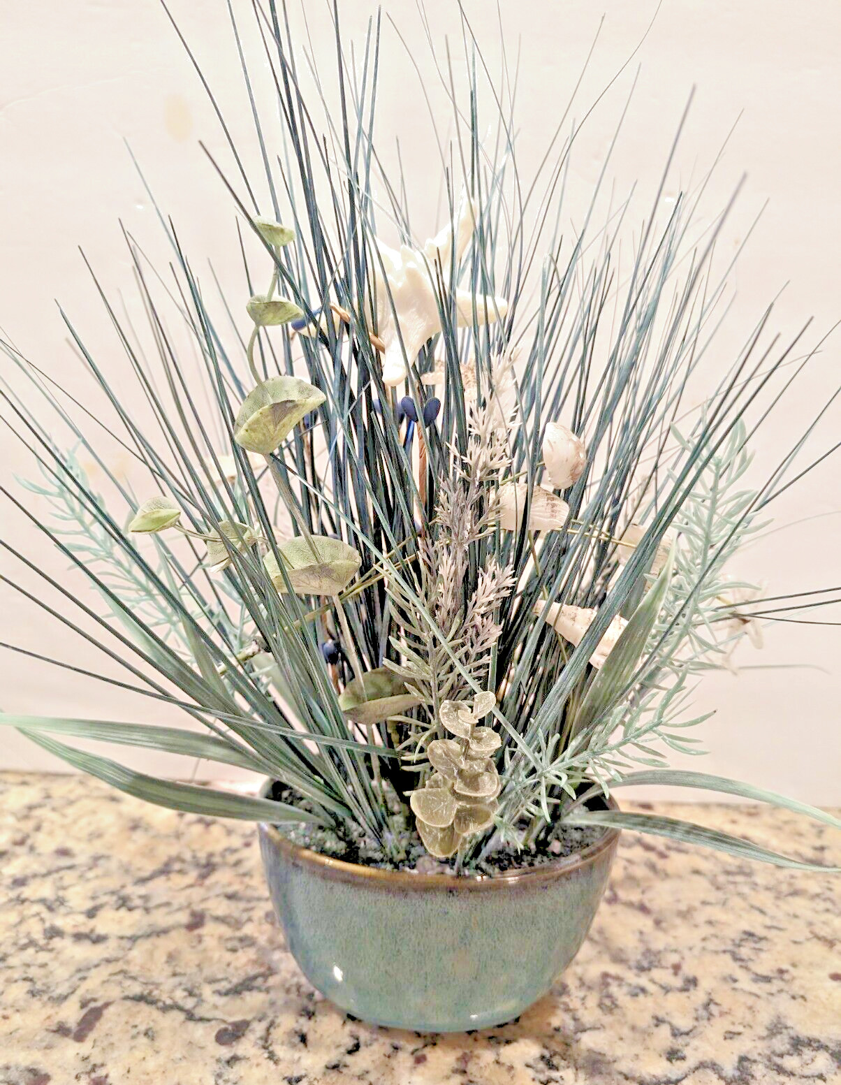 Artificial Onion Grass with Sea Shells Aqua Speckled Stoneware Ceramic Pot 14″