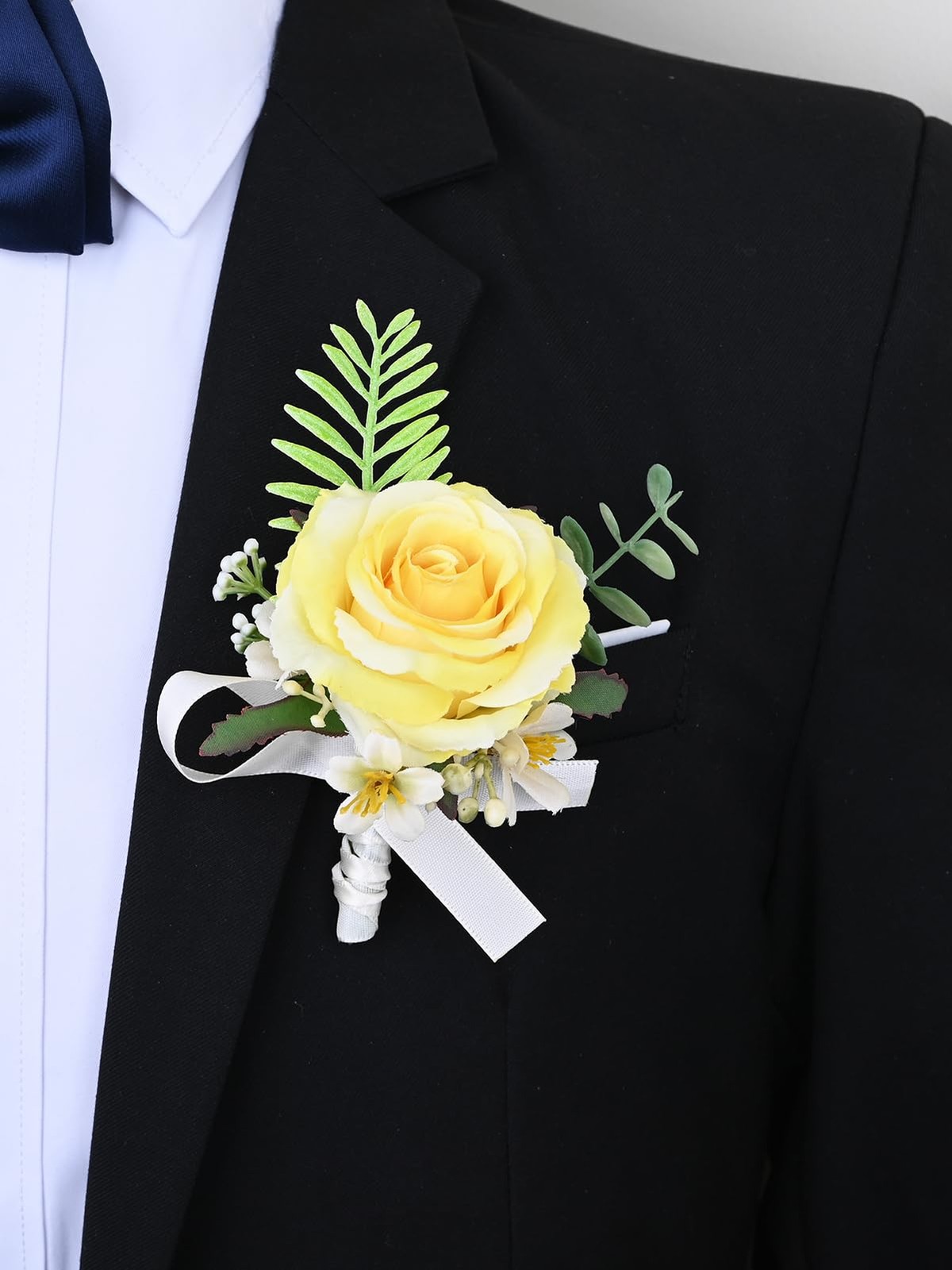 2 Pieces Artificial Flower Wrist Corsage and Boutonniere Set Yellow Wedding