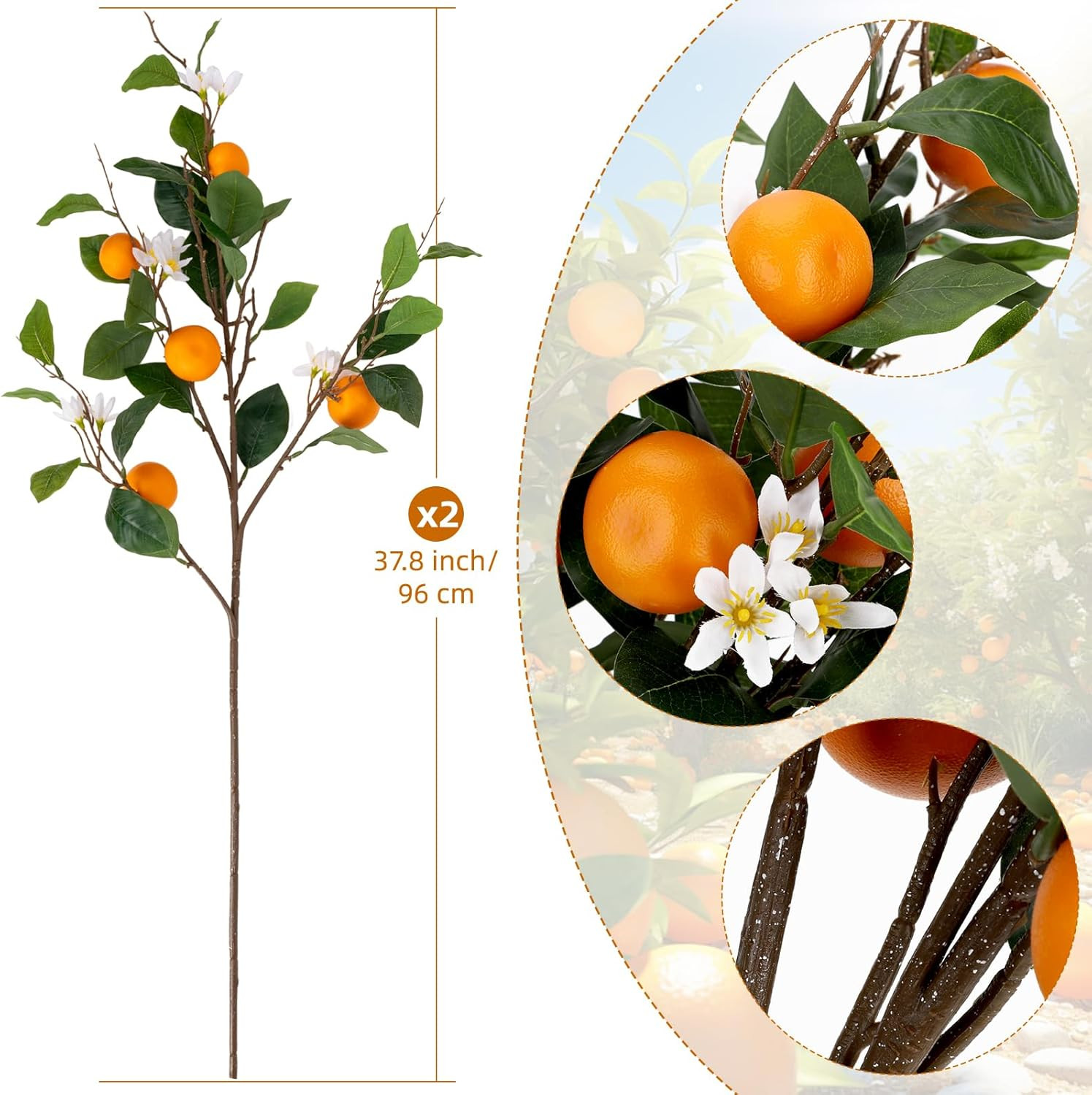 2PCS 37.8Inch Artificial Tangerine Branches Artificial Orange Branches Fake