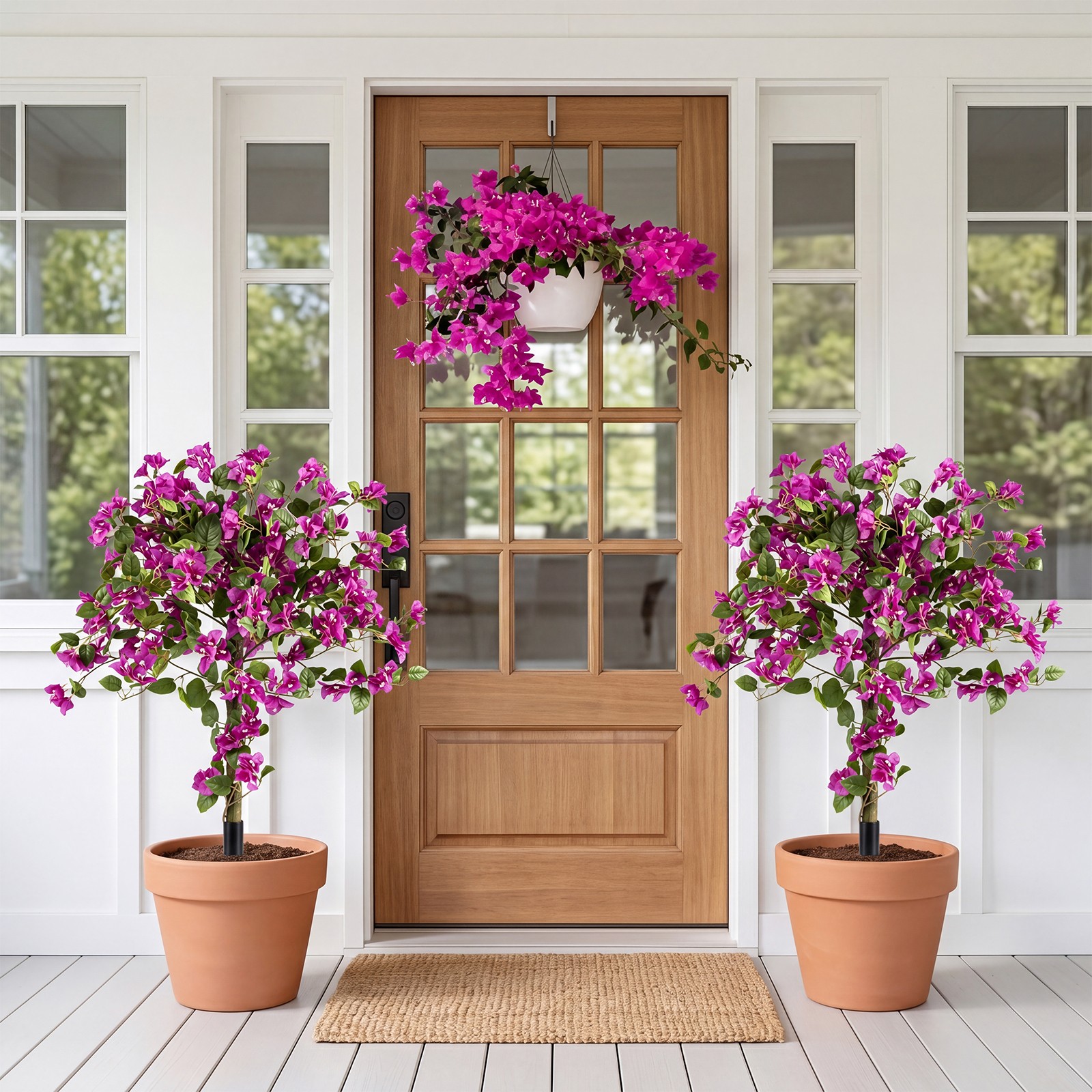 2 Pack Bougainvillea Artificial Trees w/Stable Ground Spike, PE Trunks for Porch