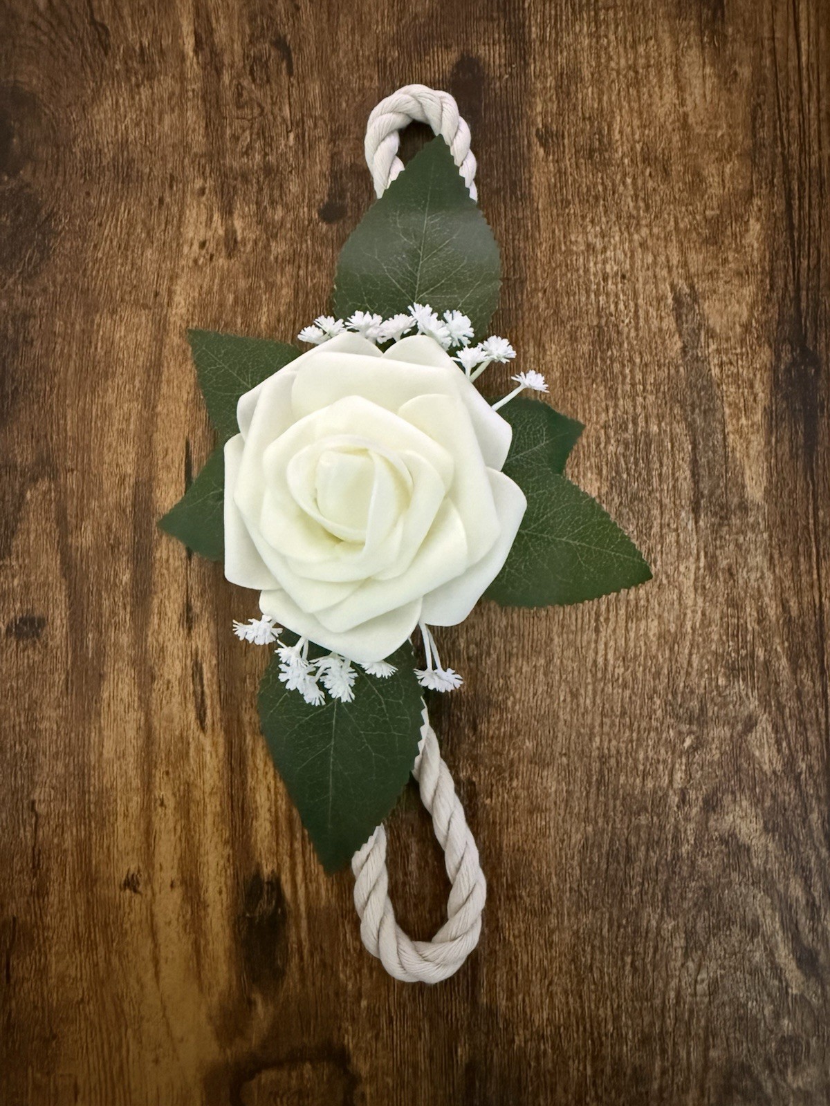 White & Green Artificial Rose Floral Curtain Tieback with Rope Loop