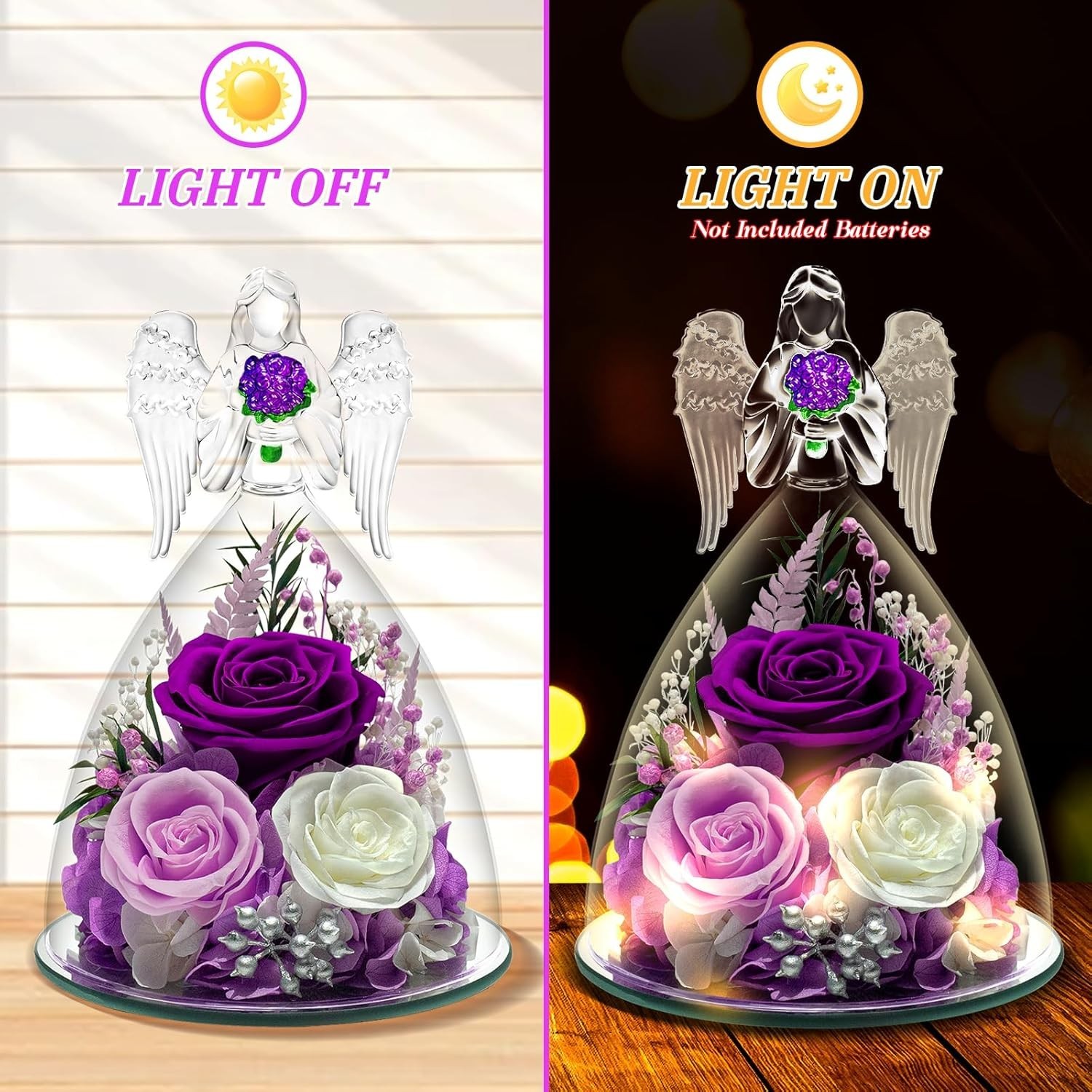 Preserved Roses in Glass Angle Figurines – Forever Flowers Gift for Women – B…