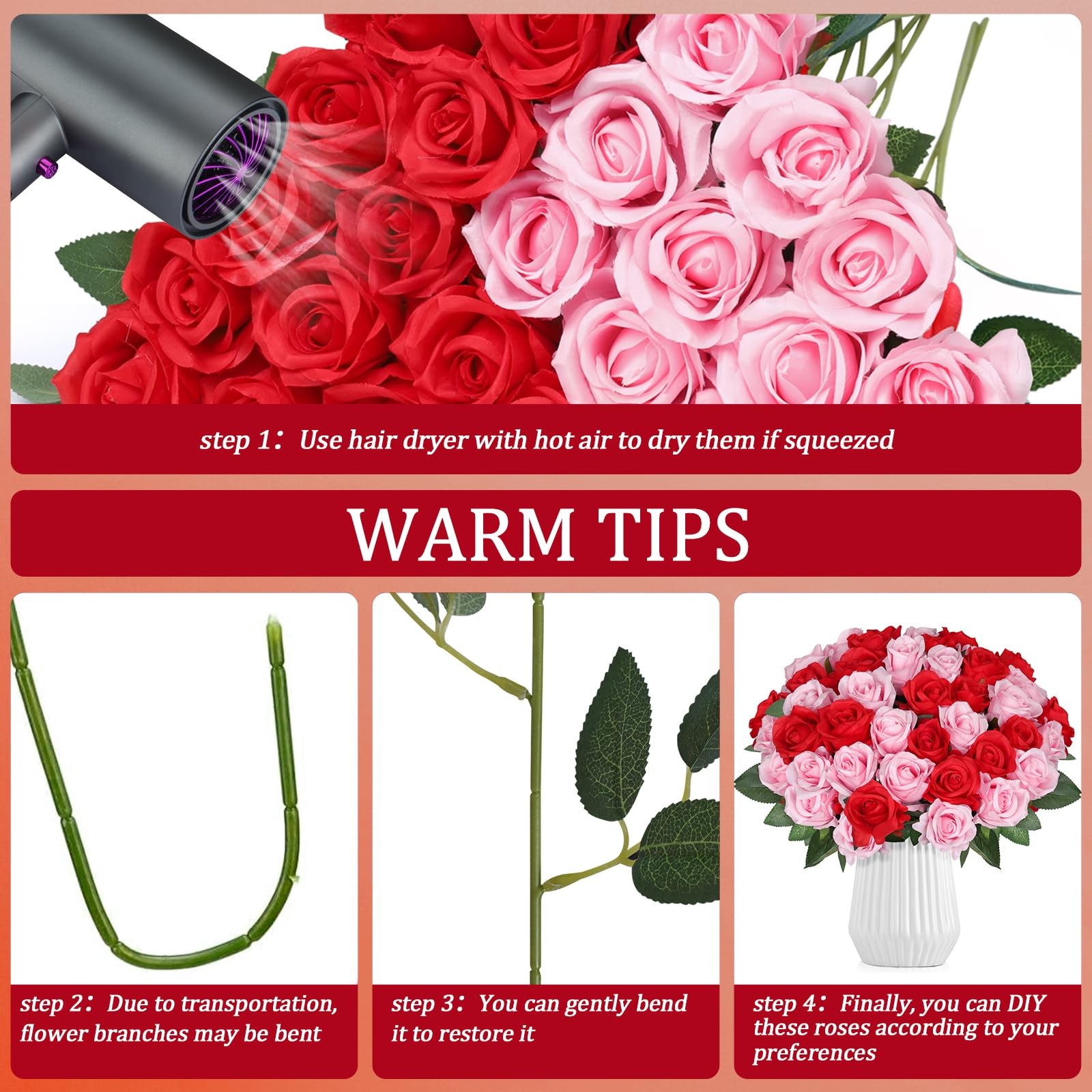30 PCS Red Pink Artificial Silk Faux Roses For Wedding Centerpieces Home Decor