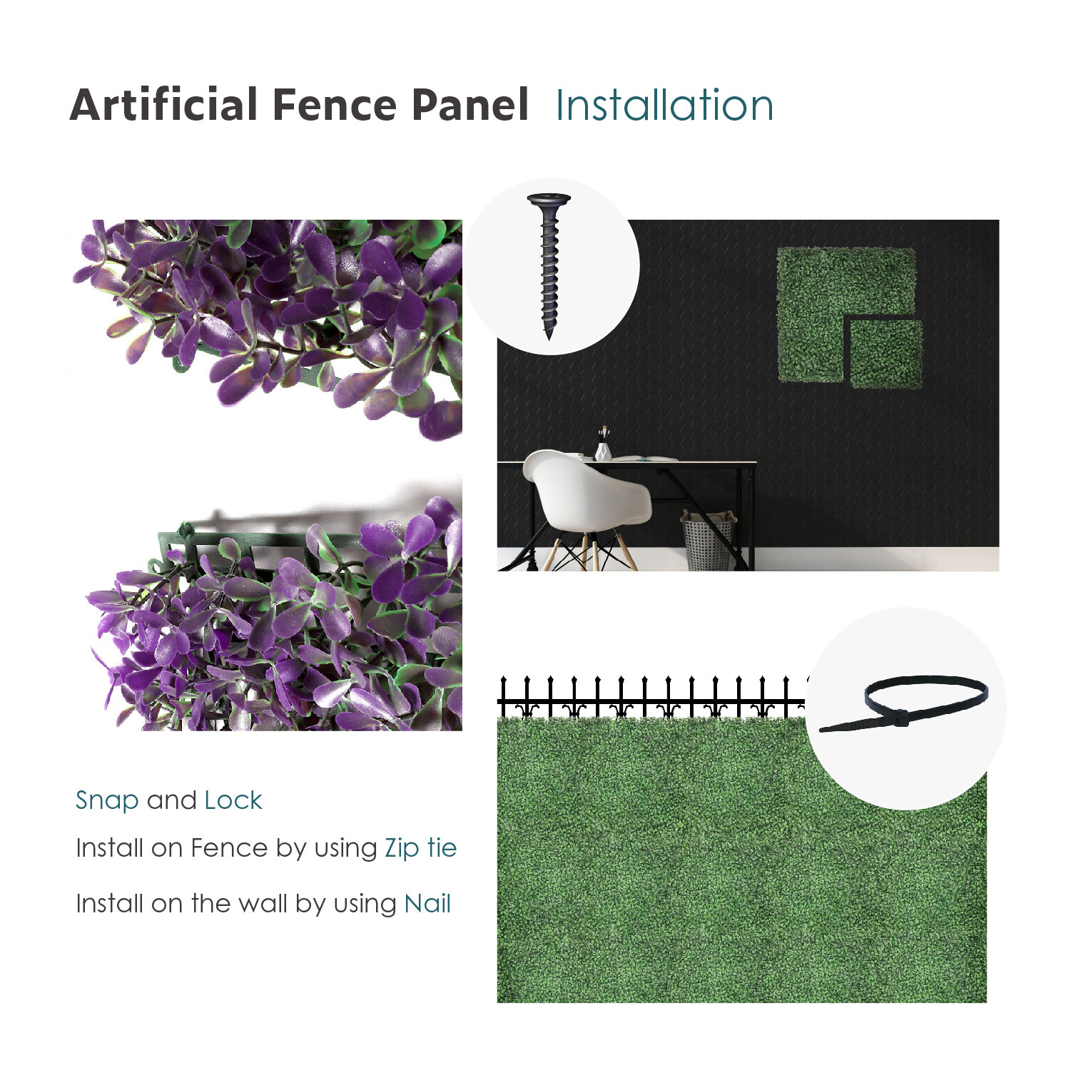 20″x20″ Artificial Purple Peanuts Mat Faux Fence Panel Wall Decor Grass Hedge