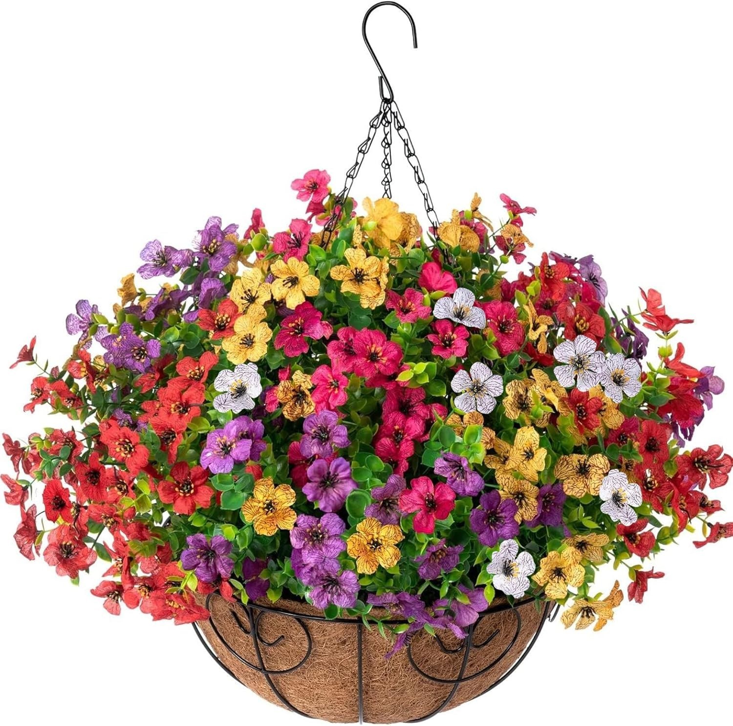 Colorful Faux Hanging Flower Basket with Eucalyptus – Low Maintenance Beauty