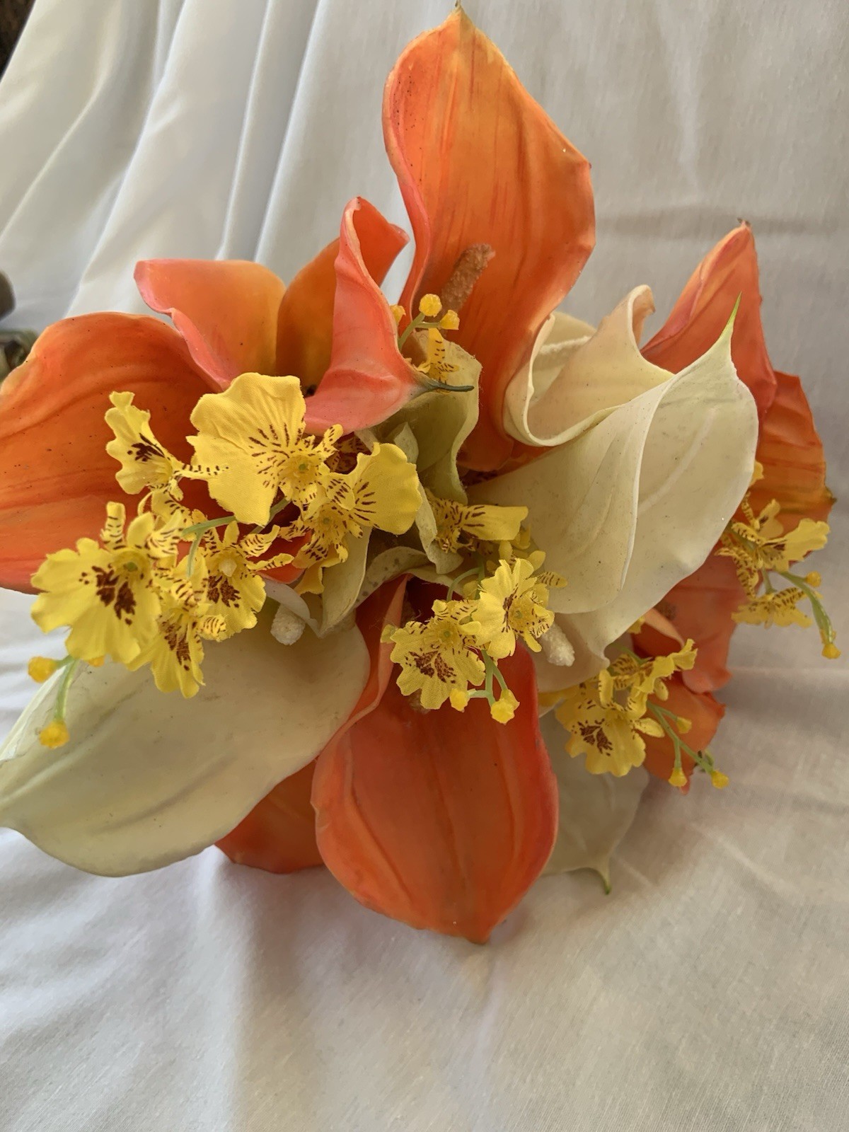 Bridal Prom Lily Bouquet Orange White Flowers Exotic Realistic Faux Rubber Soft