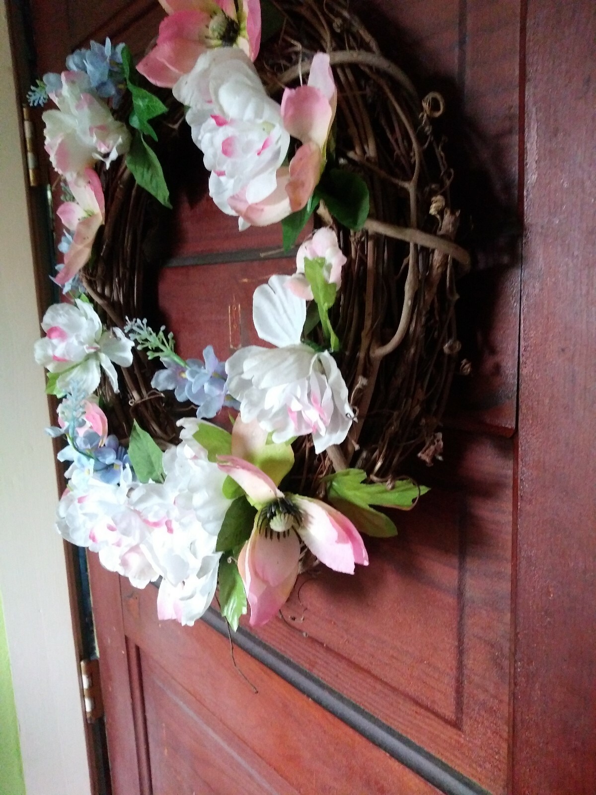 Springtime Pink, White And Blue Flowers W/green Leaves Grapevine Wreath…